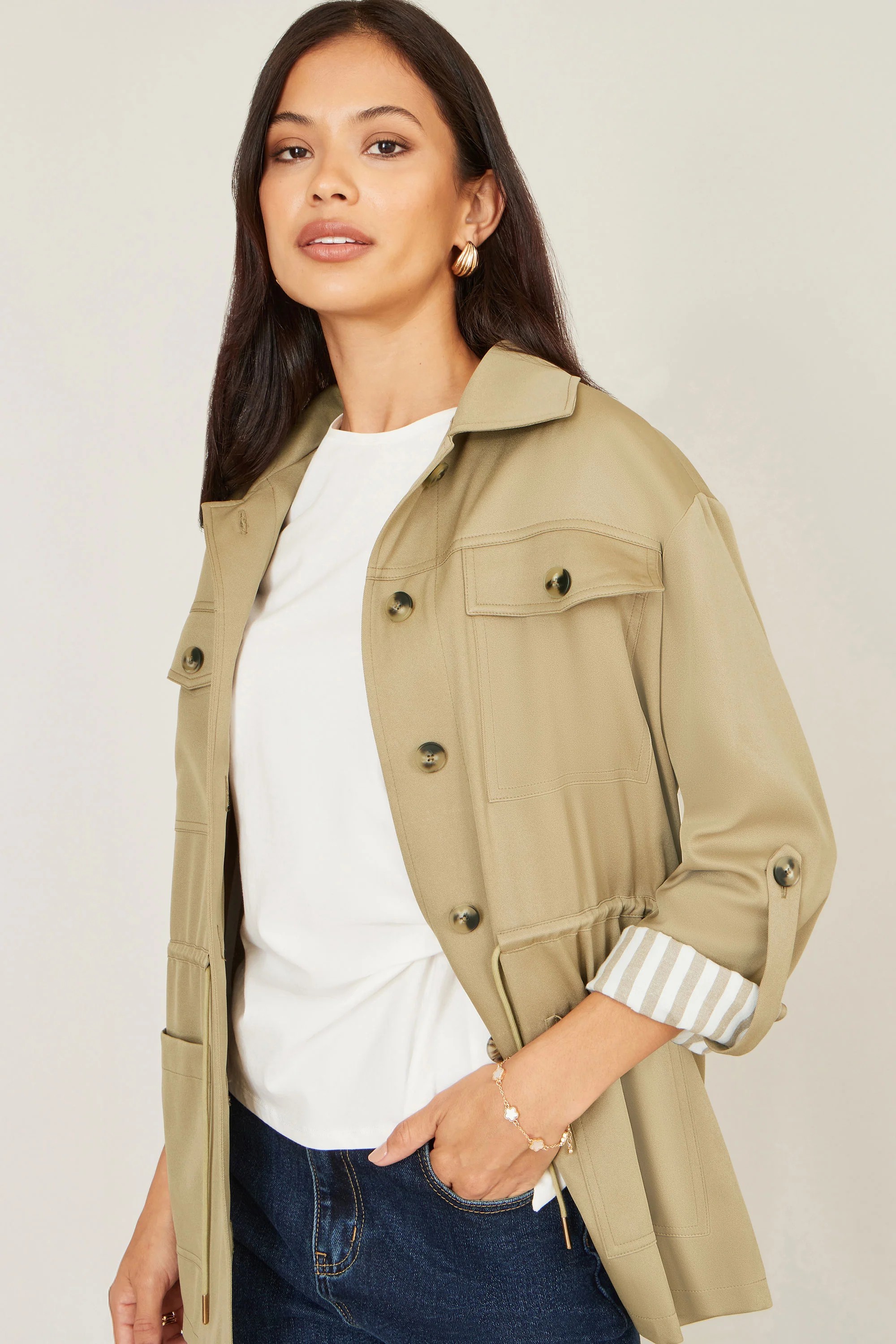 Yumi Green Utility Jacket With Drawstring Waist and Stripe Lining - Image 2