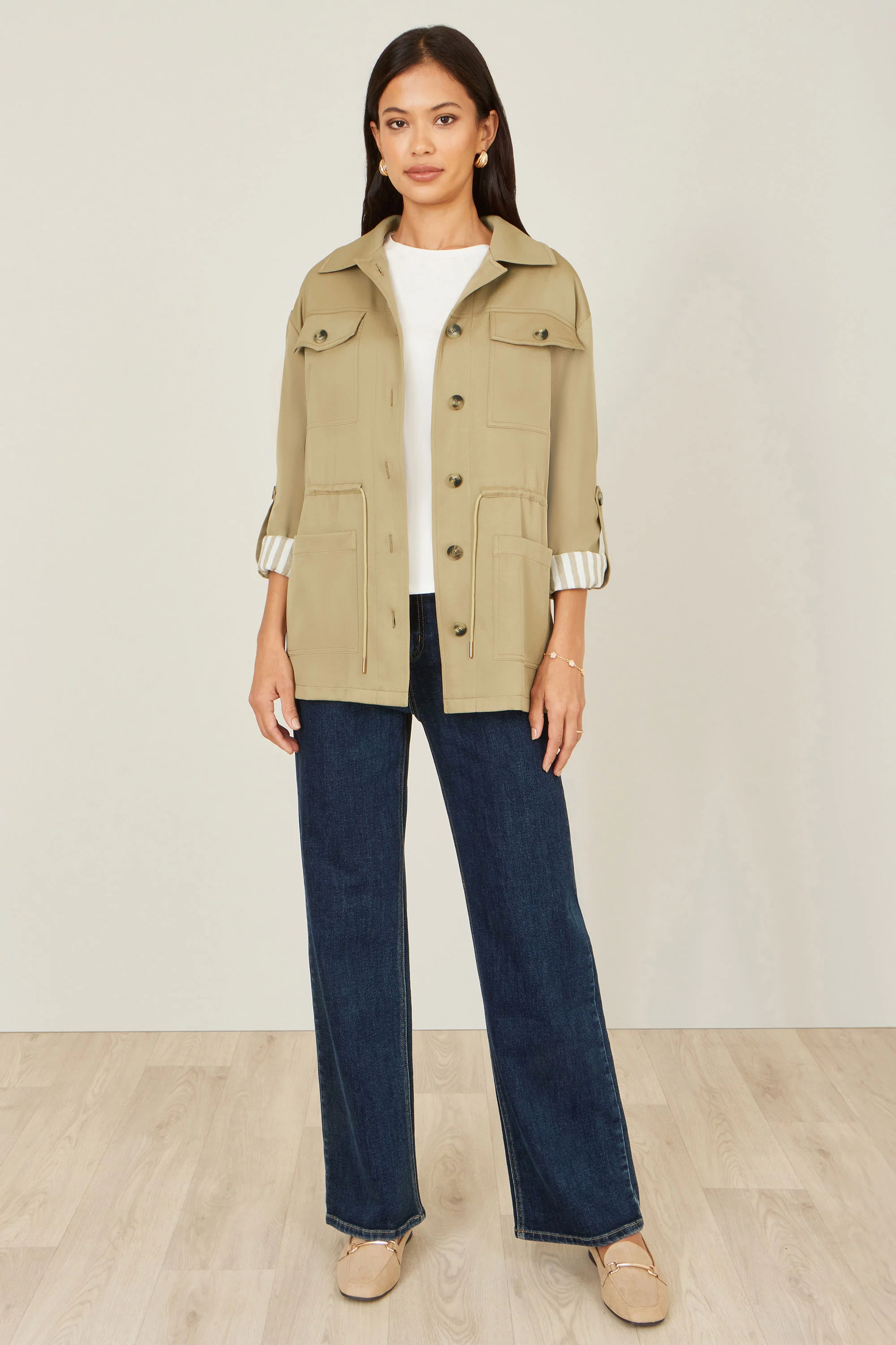 Yumi Green Utility Jacket With Drawstring Waist and Stripe Lining - Image 3
