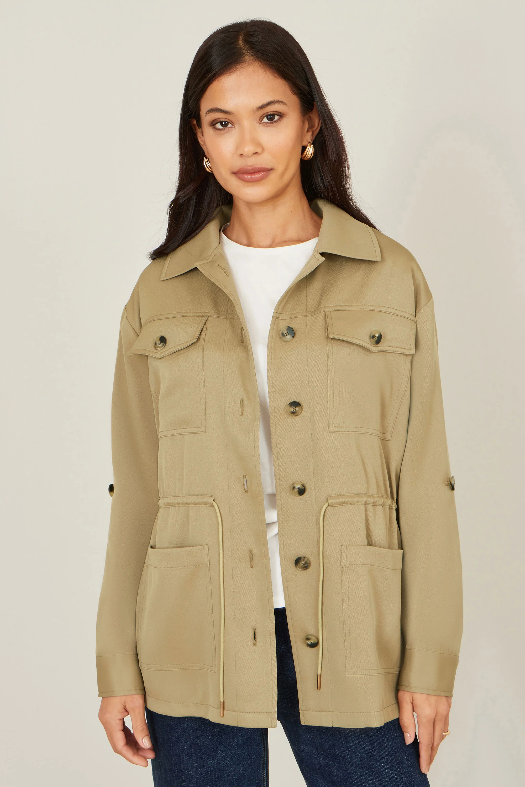 Yumi Green Utility Jacket With Drawstring Waist and Stripe Lining - Image 4