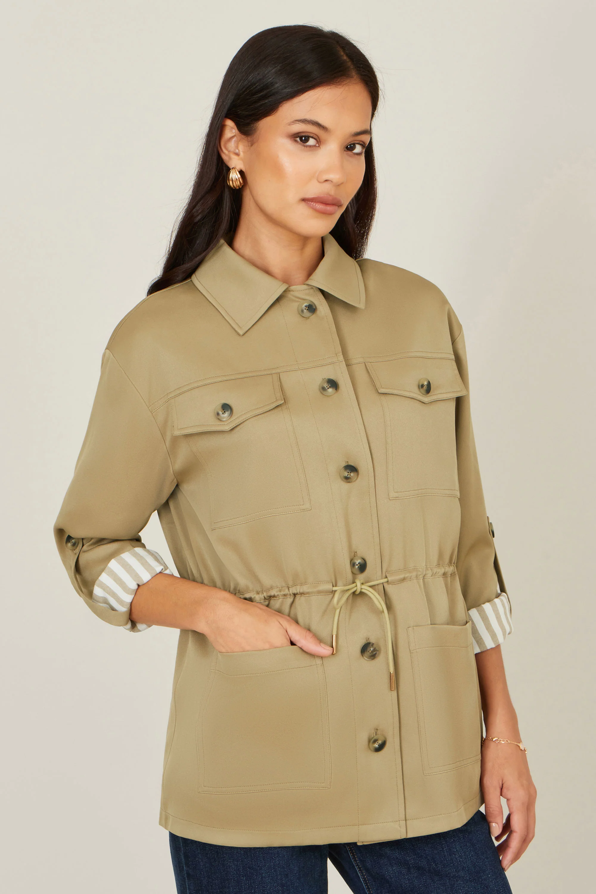 Yumi Green Utility Jacket With Drawstring Waist and Stripe Lining - Image 5