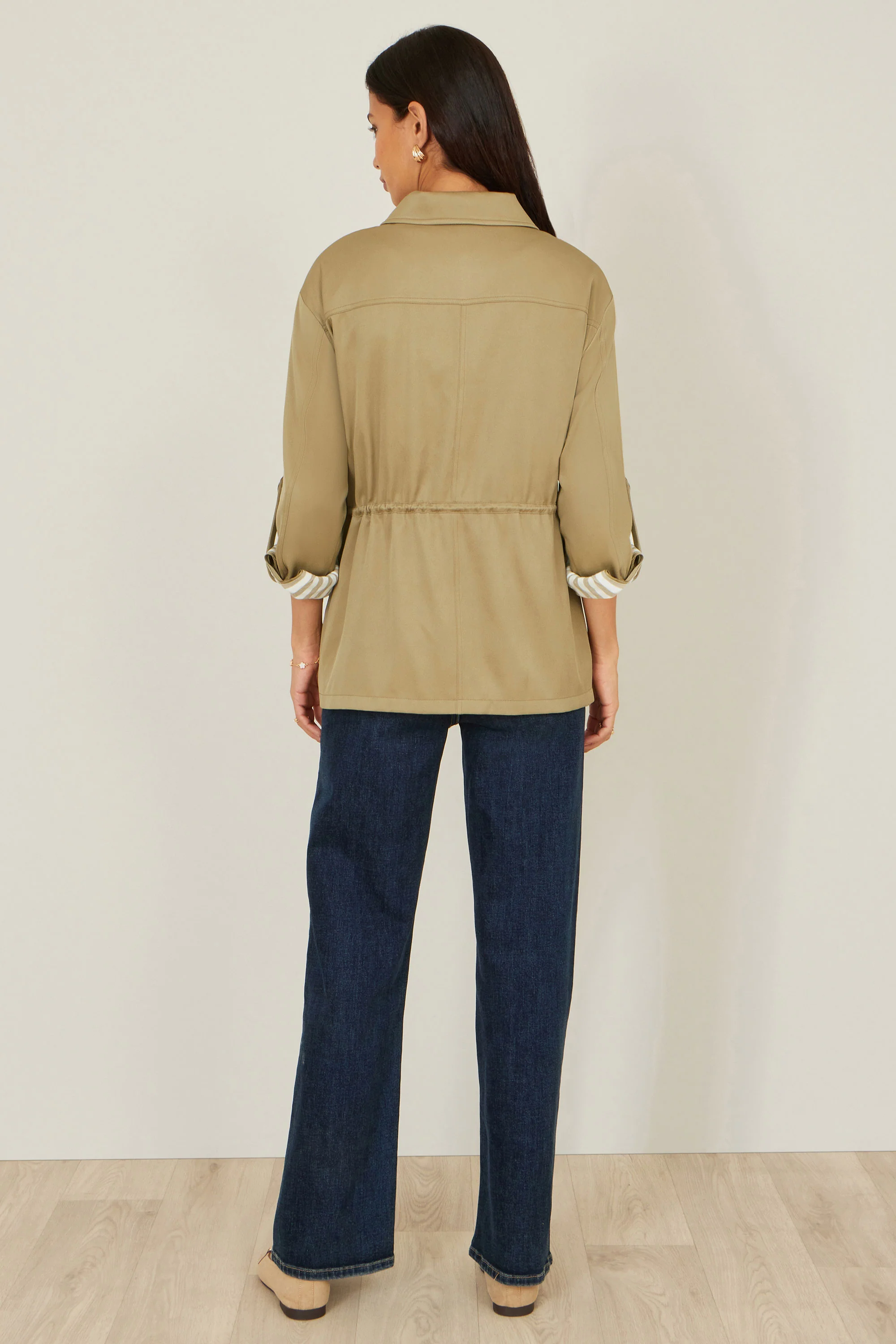 Yumi Green Utility Jacket With Drawstring Waist and Stripe Lining - Image 6
