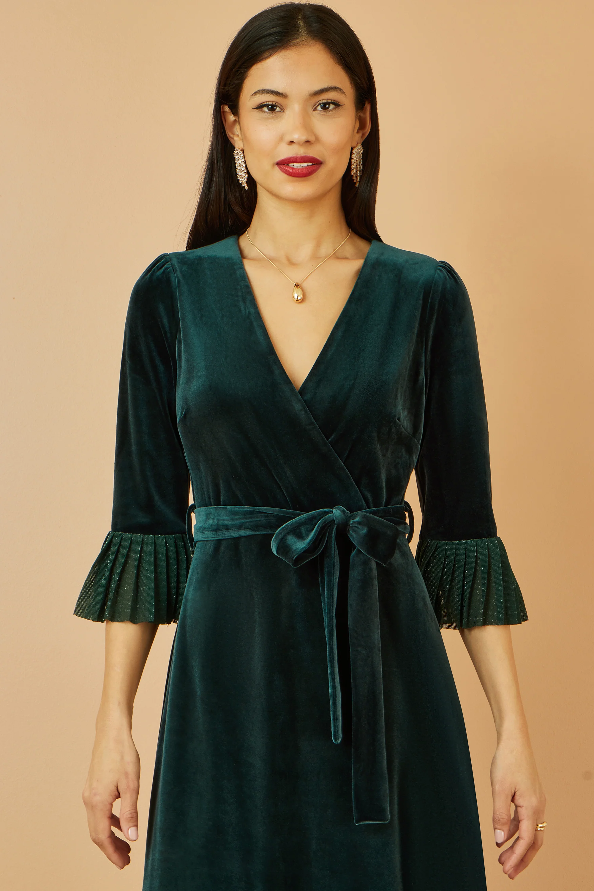 Yumi Green Velvet Wrap Midi Dress With Contrast Hemline - Image 2