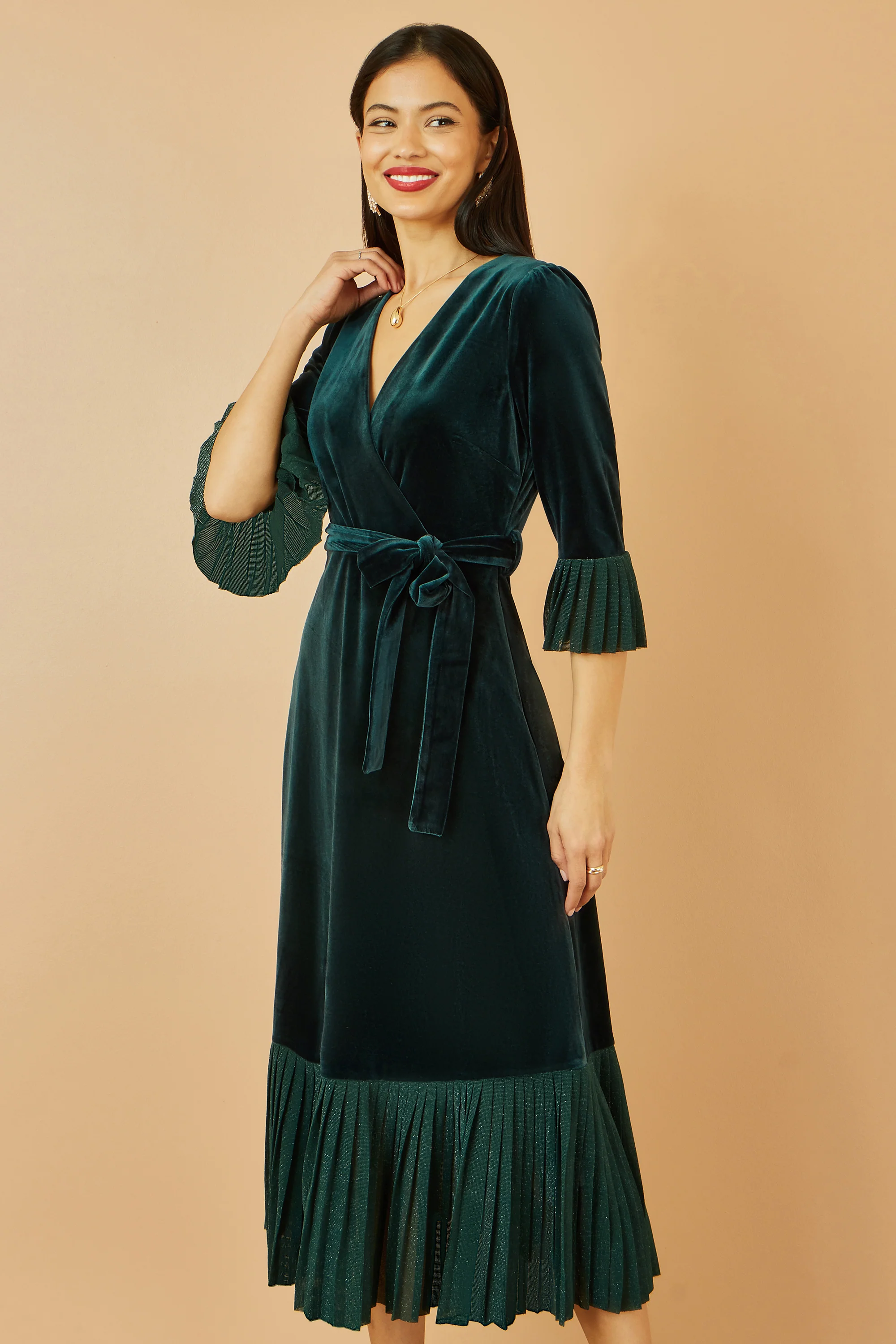 Yumi Green Velvet Wrap Midi Dress With Contrast Hemline - Image 3