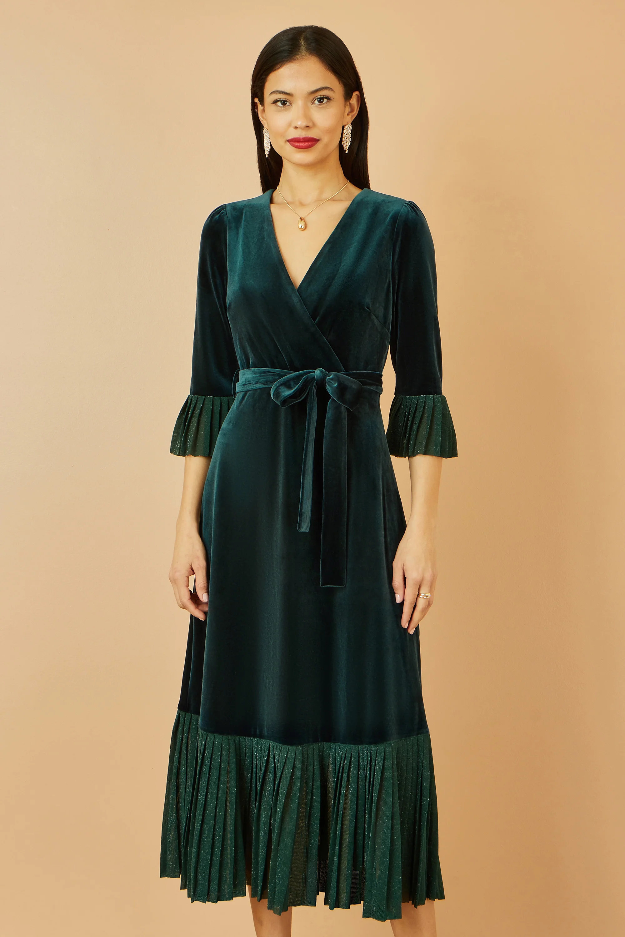 Yumi Green Velvet Wrap Midi Dress With Contrast Hemline - Image 4