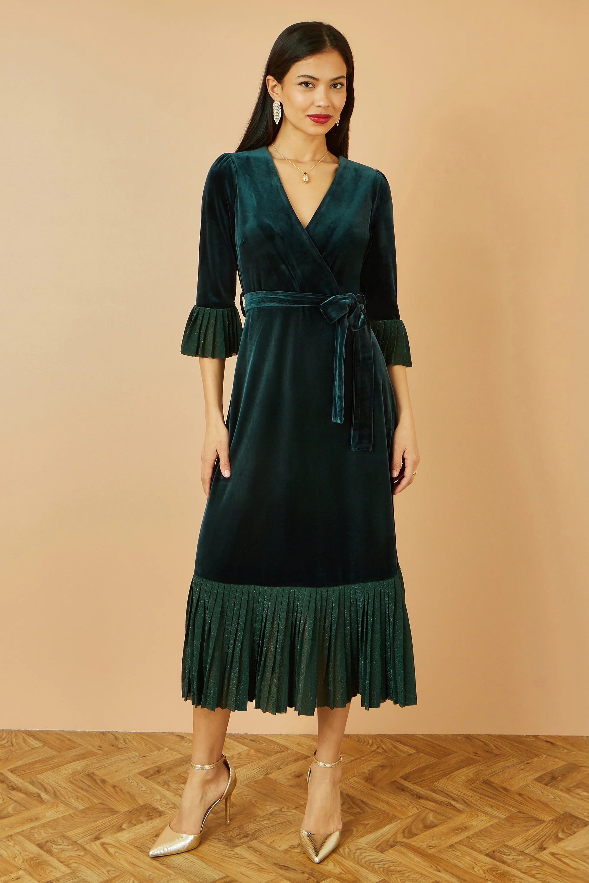 Yumi Green Velvet Wrap Midi Dress With Contrast Hemline - Image 6