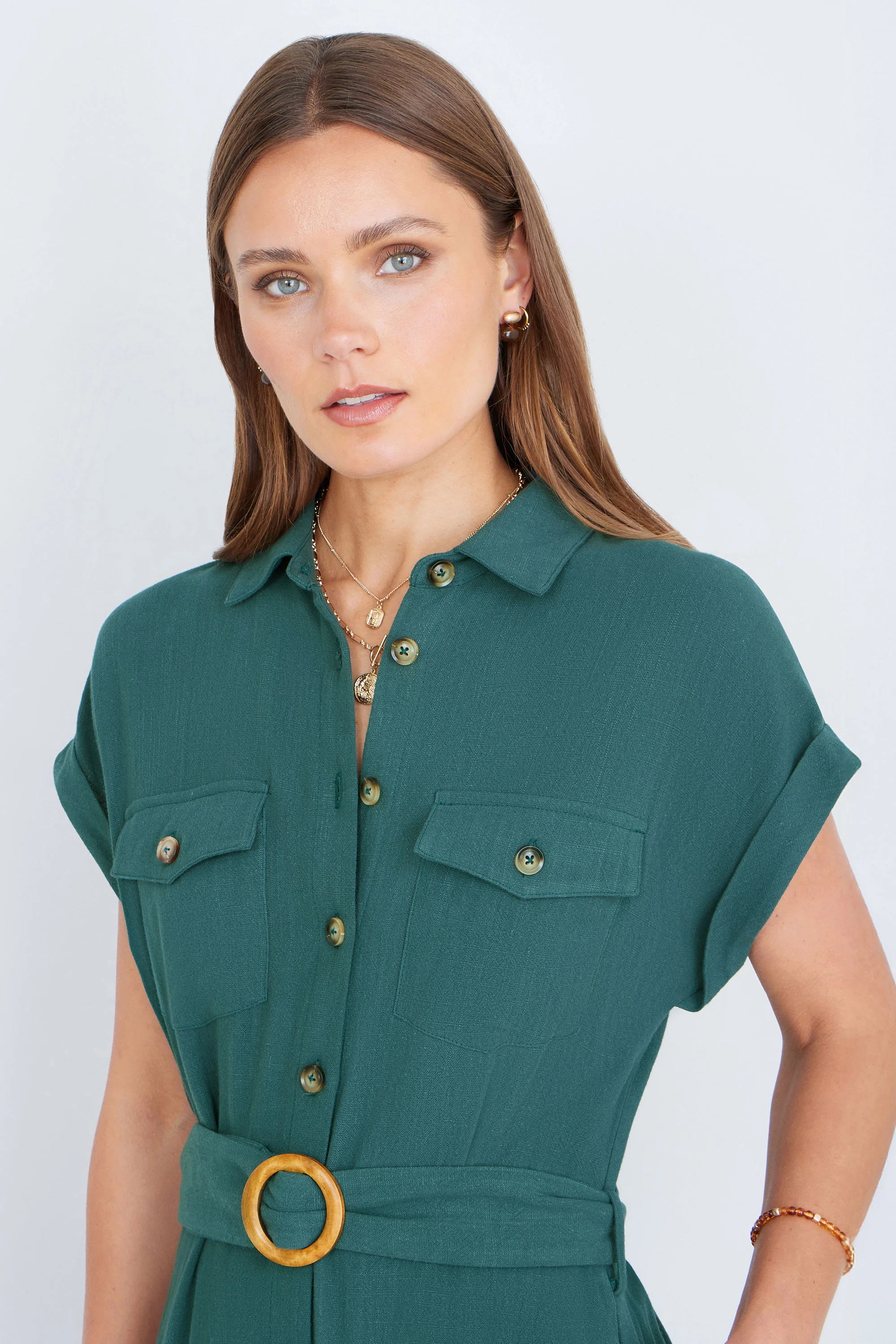 Yumi Green Viscose Linen Look Midi Shirt Dress With Wooden Belt - Image 2
