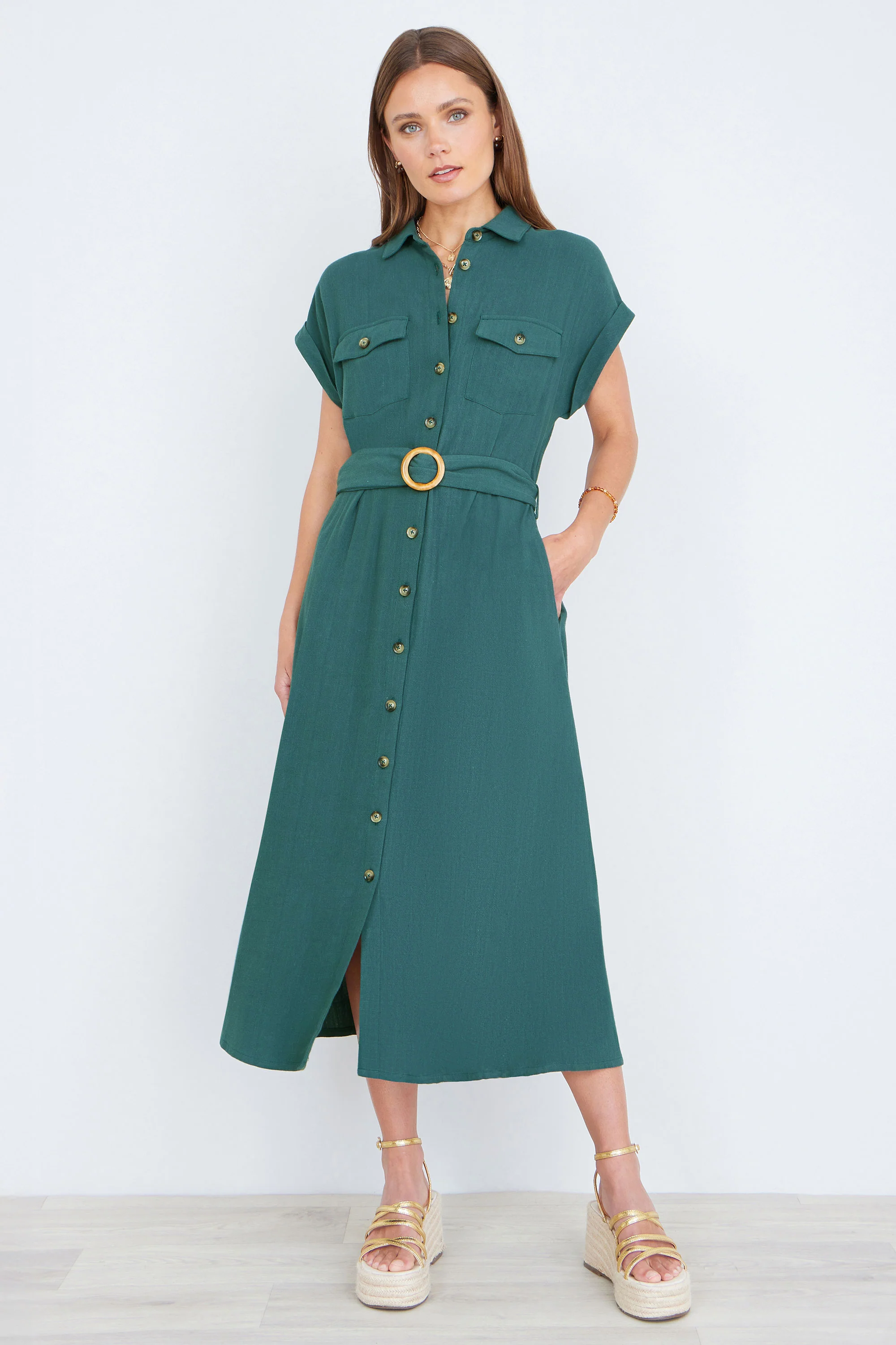 Yumi Green Viscose Linen Look Midi Shirt Dress With Wooden Belt - Image 3