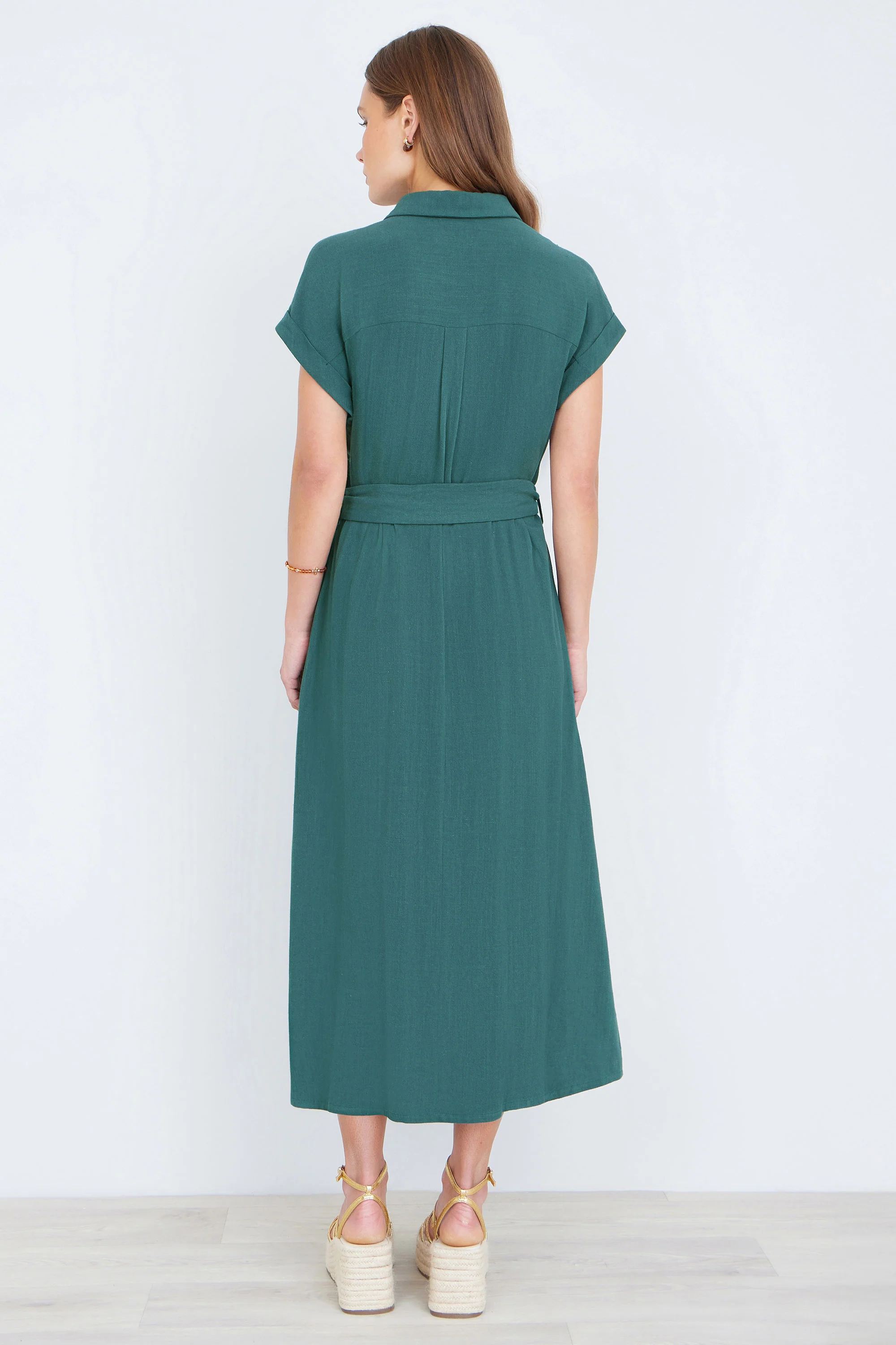 Yumi Green Viscose Linen Look Midi Shirt Dress With Wooden Belt - Image 4