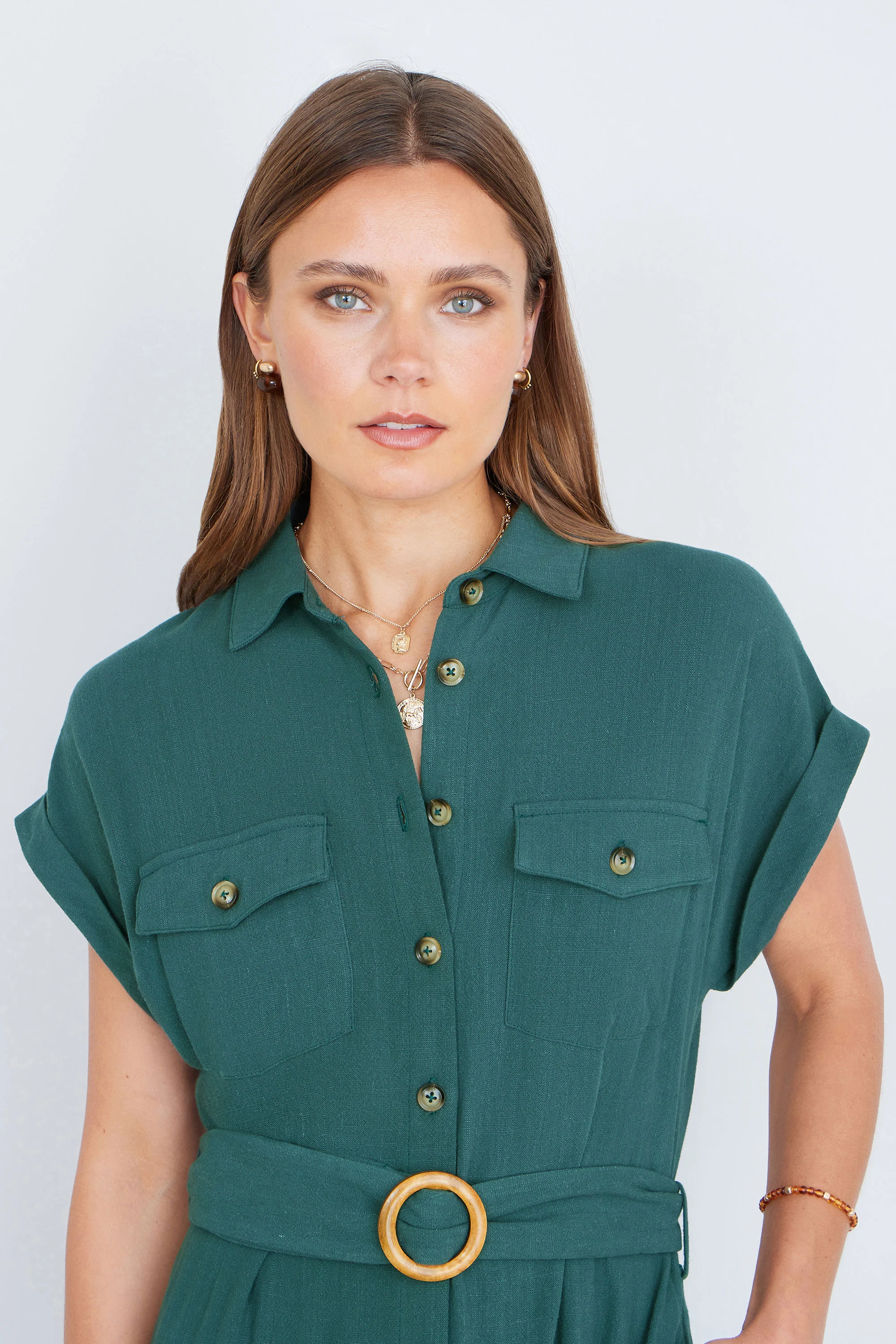 Yumi Green Viscose Linen Look Midi Shirt Dress With Wooden Belt - Image 5