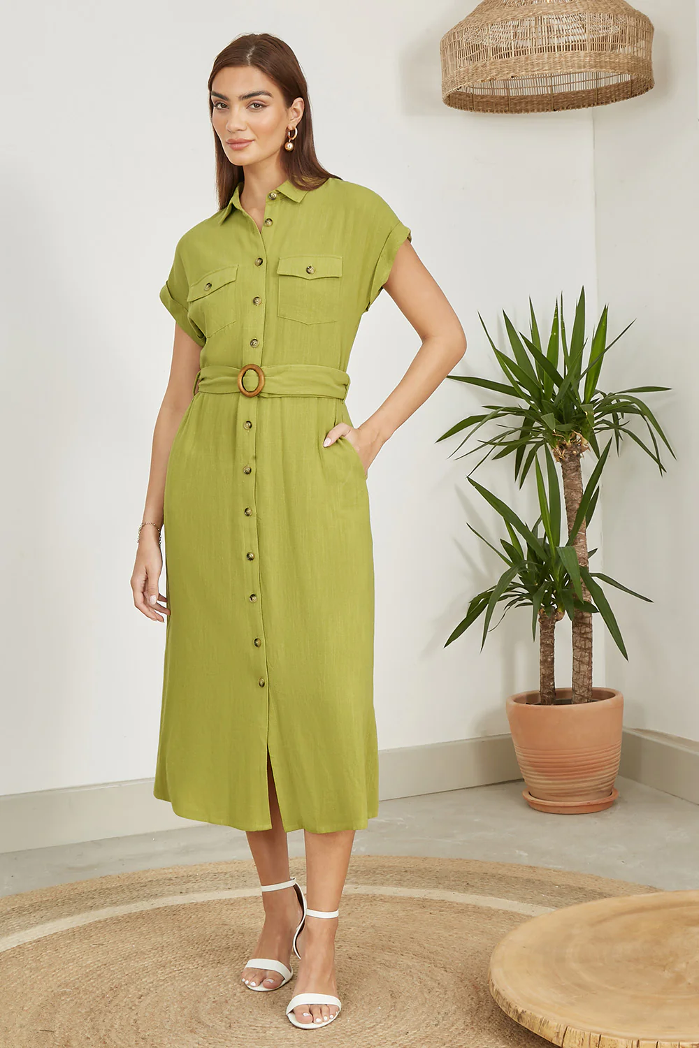 Yumi Green Viscose Linen Look Midi Shirt Dress With Wooden Belt - Image 3