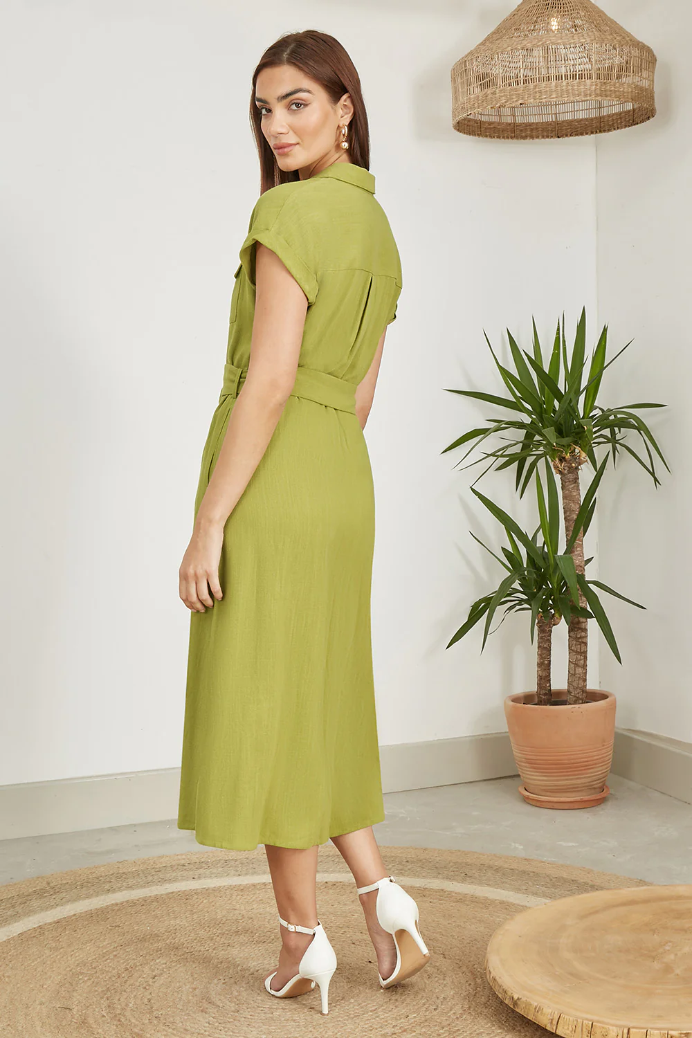 Yumi Green Viscose Linen Look Midi Shirt Dress With Wooden Belt - Image 4