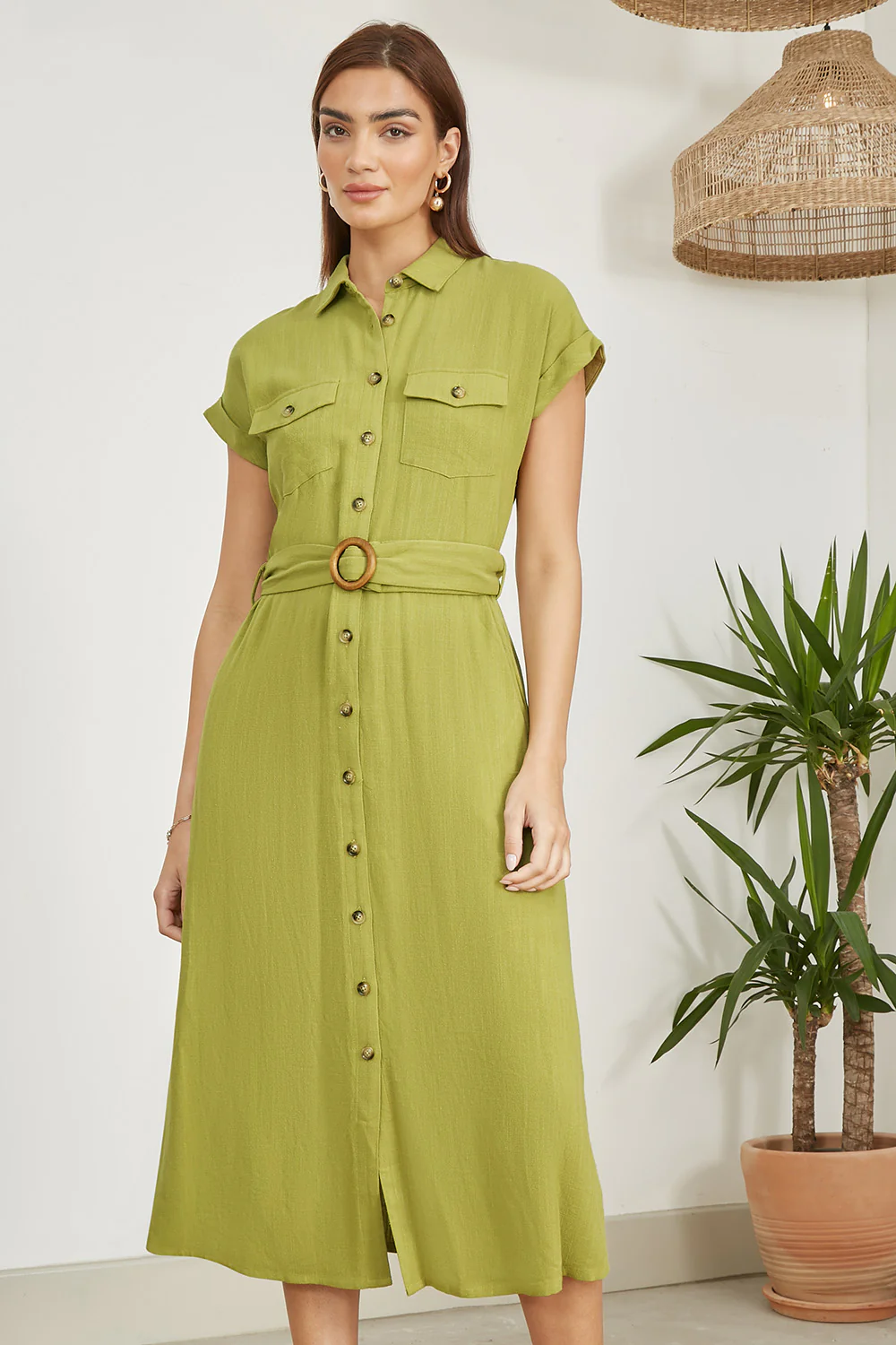 Yumi Green Viscose Linen Look Midi Shirt Dress With Wooden Belt - Image 5