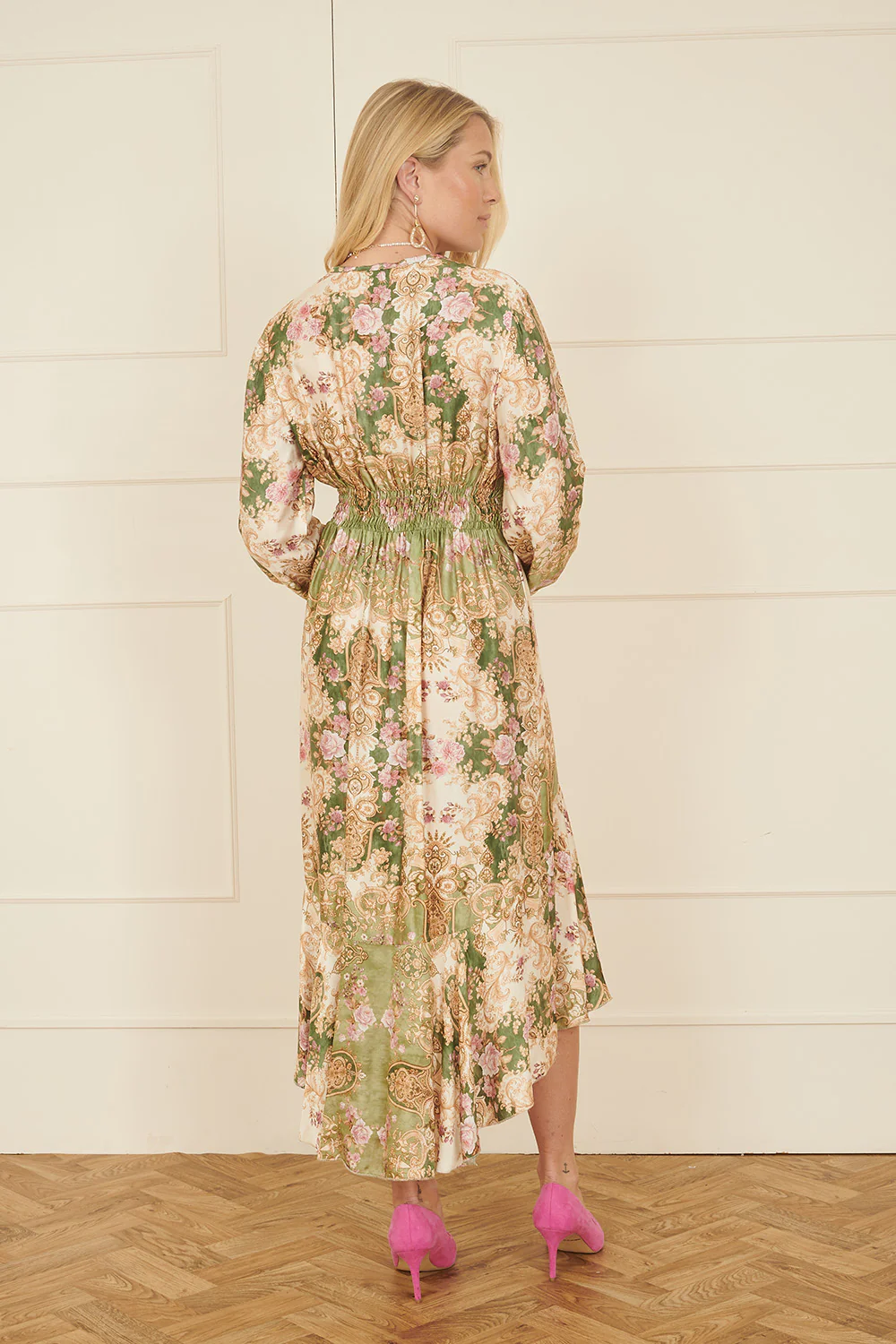 Yumi Green Viscose Scarf Print Tie Front Midi Dress With Dip Hem - Image 3