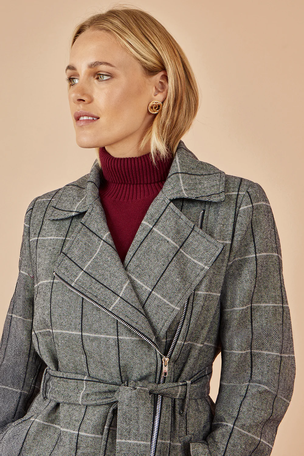 Yumi Grey Check Oversize Long Biker Coat - Image 2