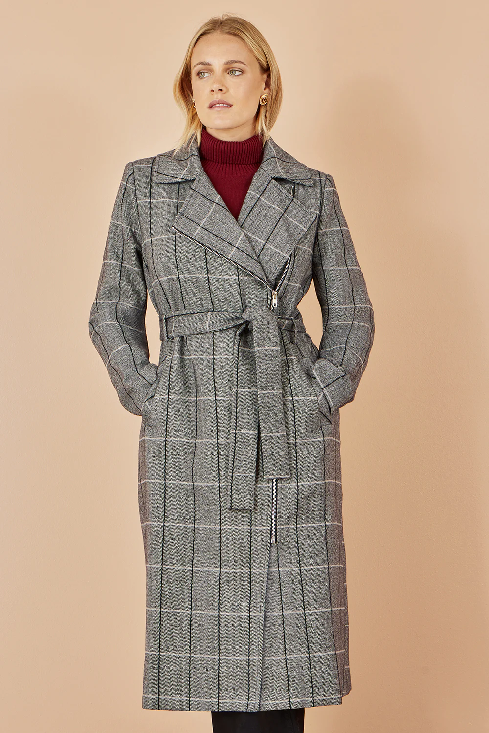 Yumi Grey Check Oversize Long Biker Coat - Image 3