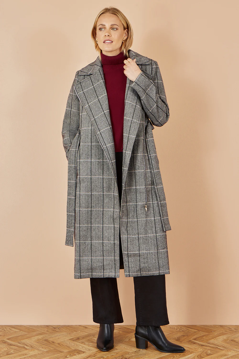 Yumi Grey Check Oversize Long Biker Coat - Image 4