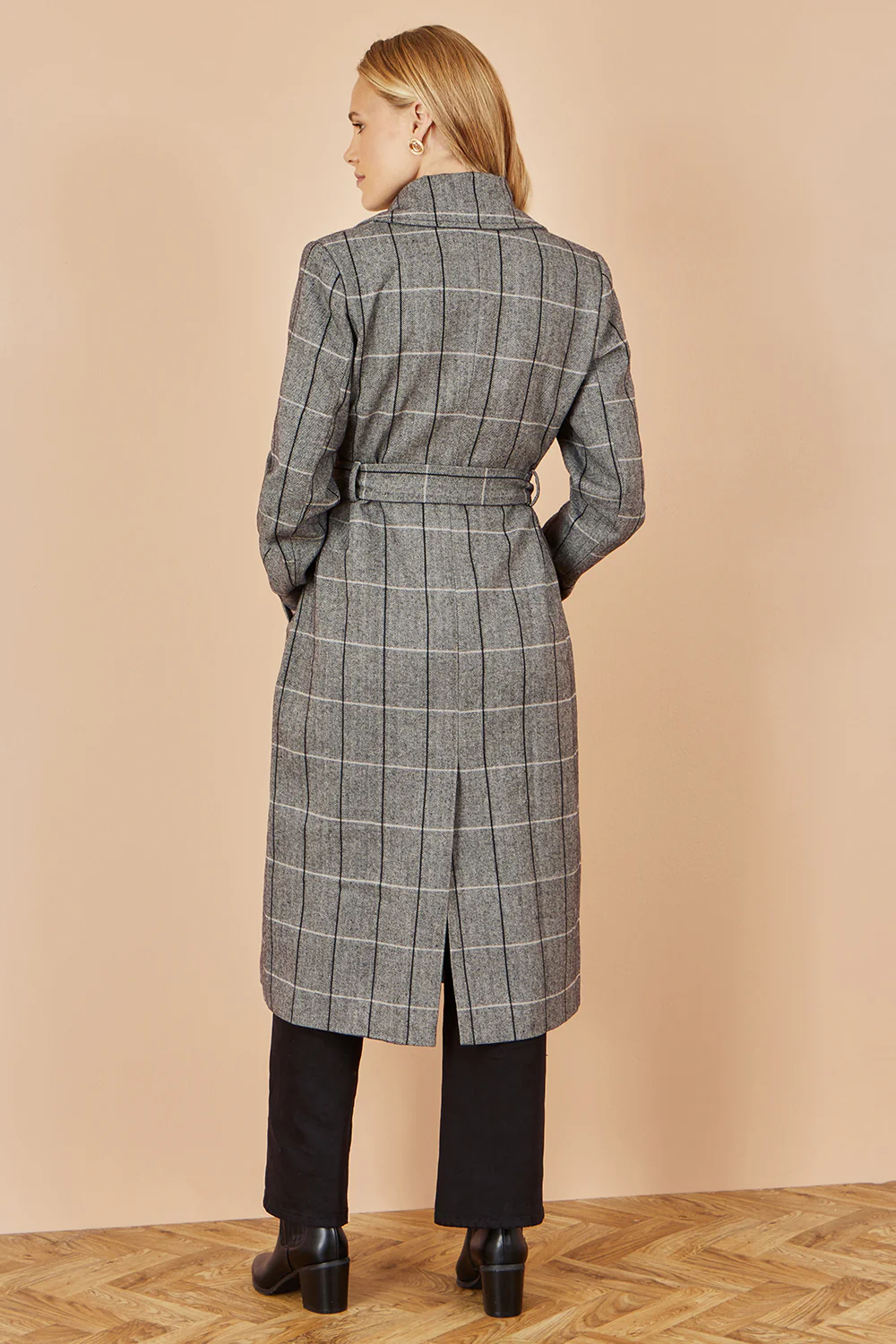 Yumi Grey Check Oversize Long Biker Coat - Image 5