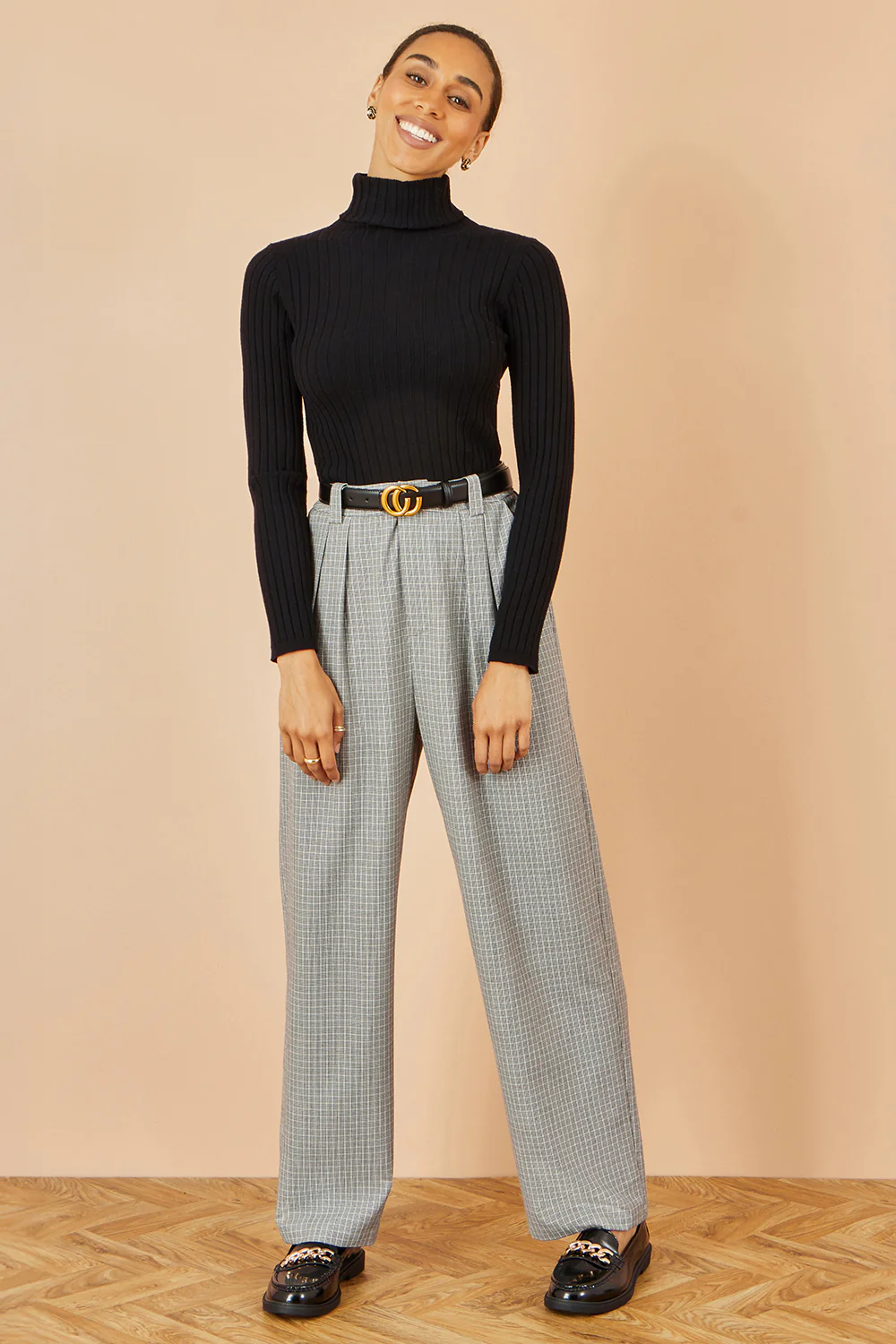 Yumi Grey Check Wide Leg Trousers - Image 3