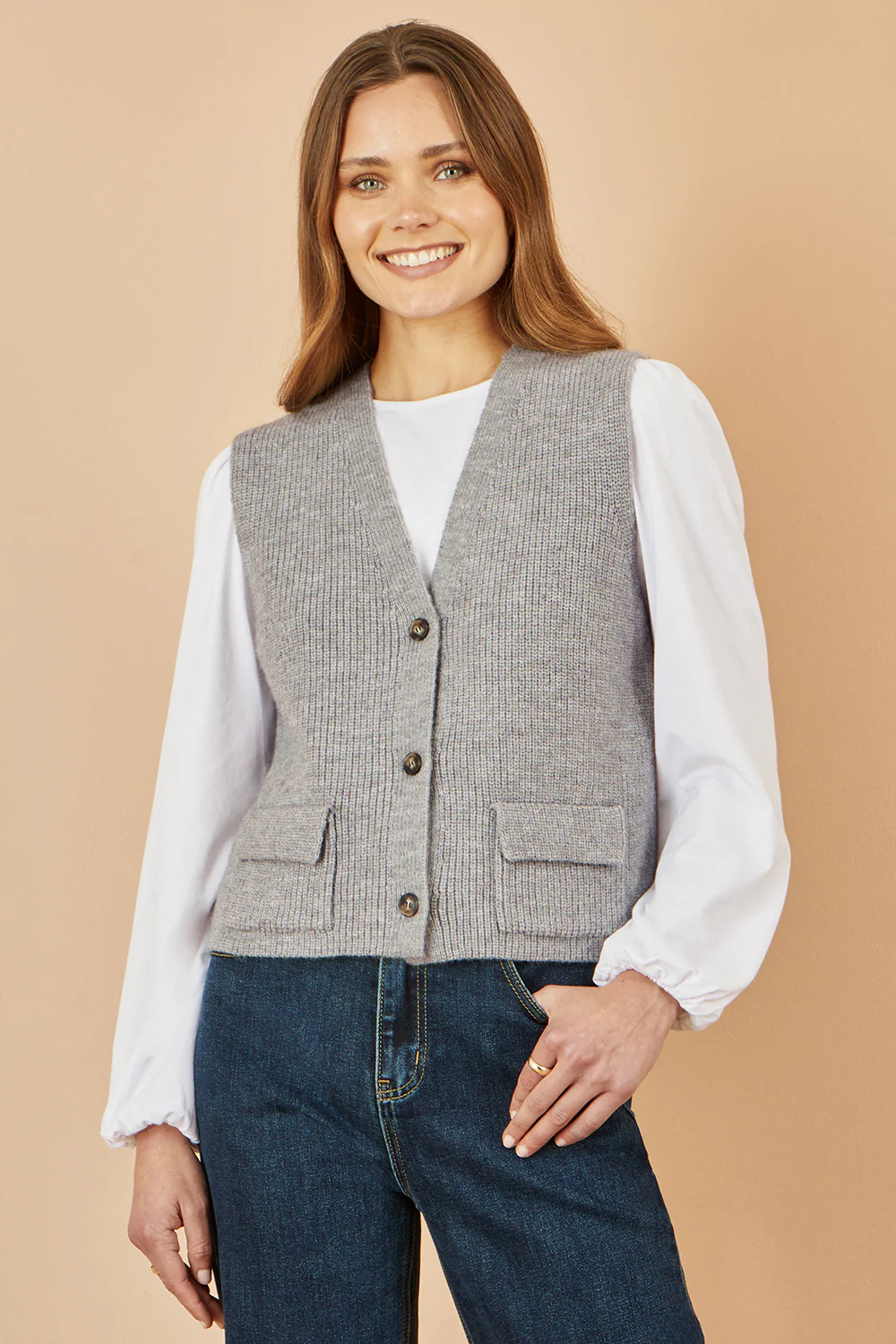 Yumi Grey Knitted Pullover Waistcoat - Image 3