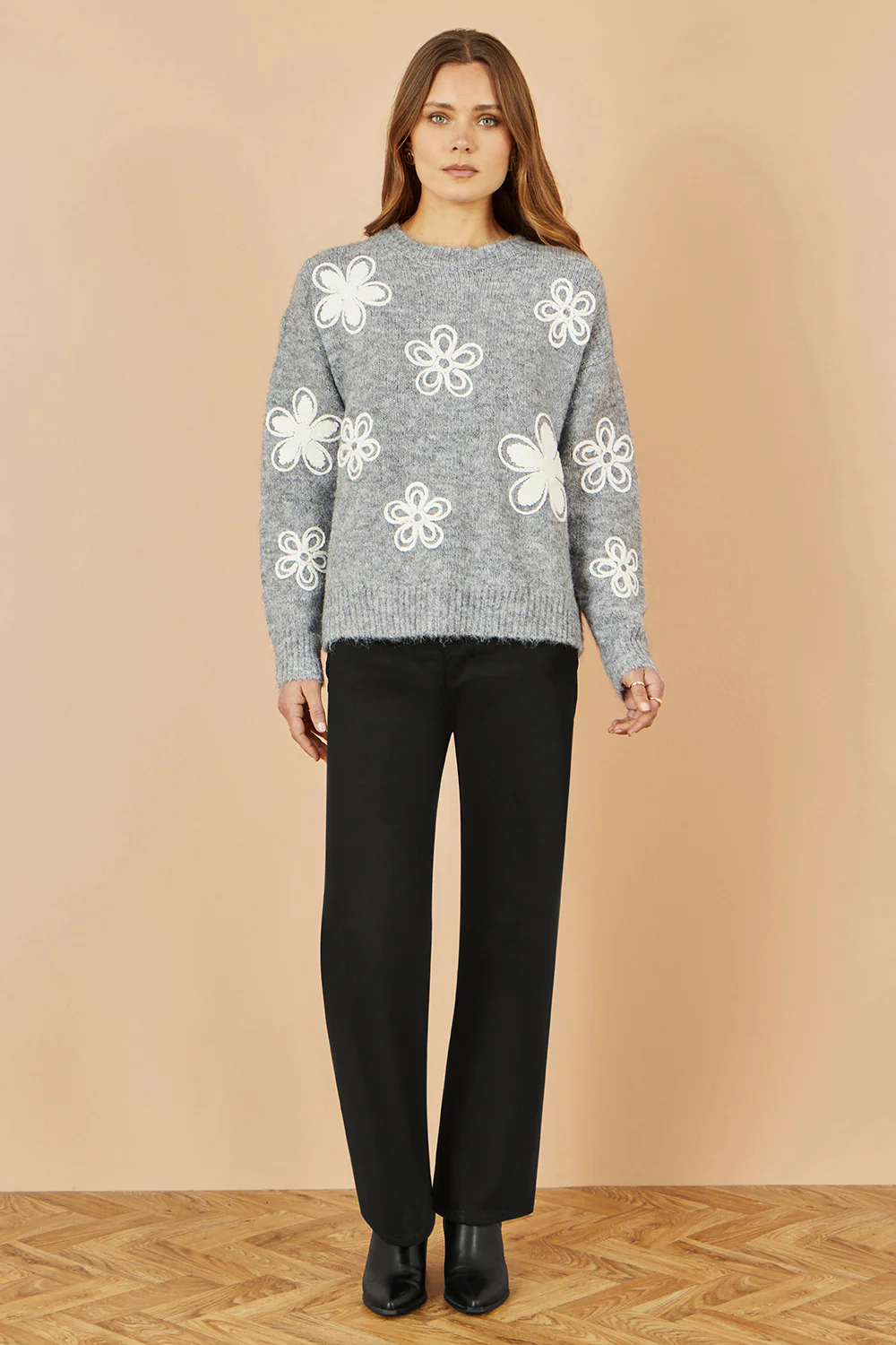Yumi Grey Relaxed Jumper With Crochet Flowers - Image 3
