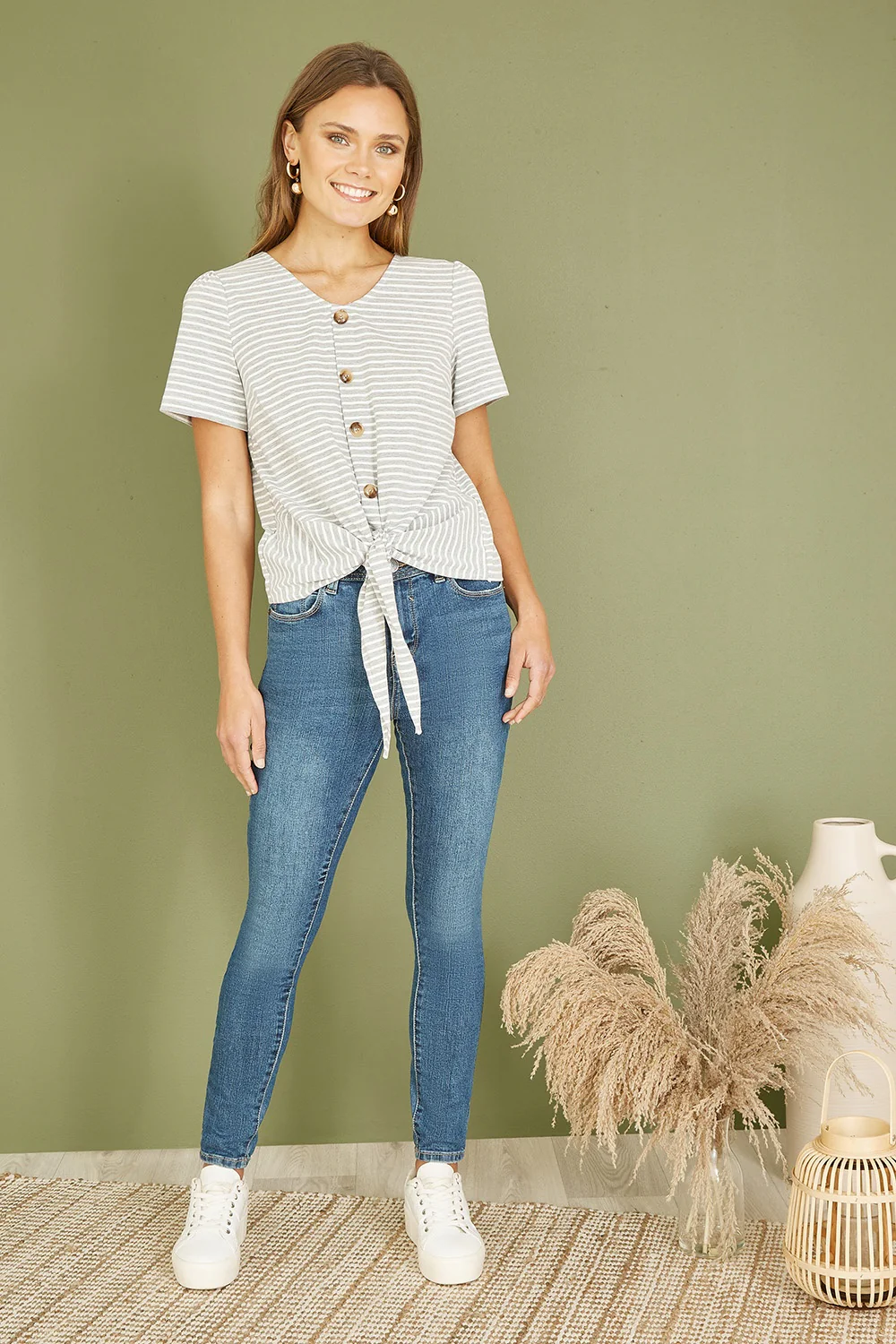 Yumi Grey Striped Jersey Button Detail Top - Image 3
