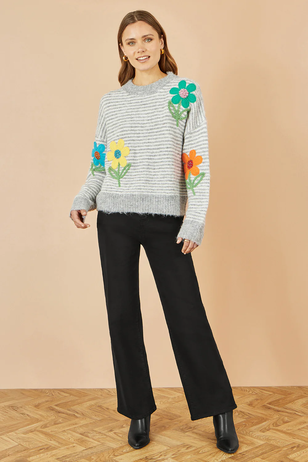 Yumi Grey Striped Relaxed Fit Jumper With Flowers - Image 2