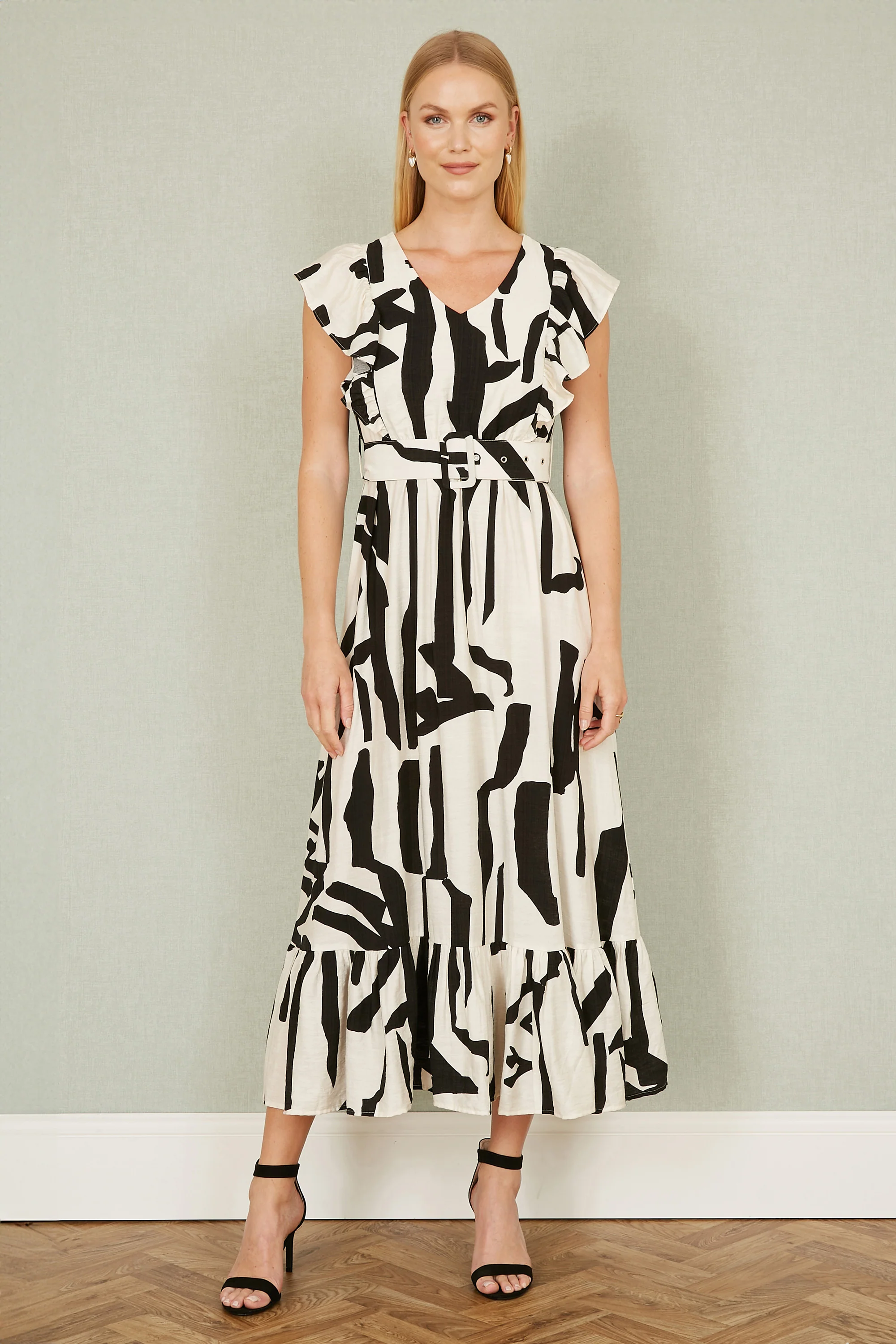 Yumi Ivory Abstract Print Viscose Midi Dress With Matching Belt - Image 4