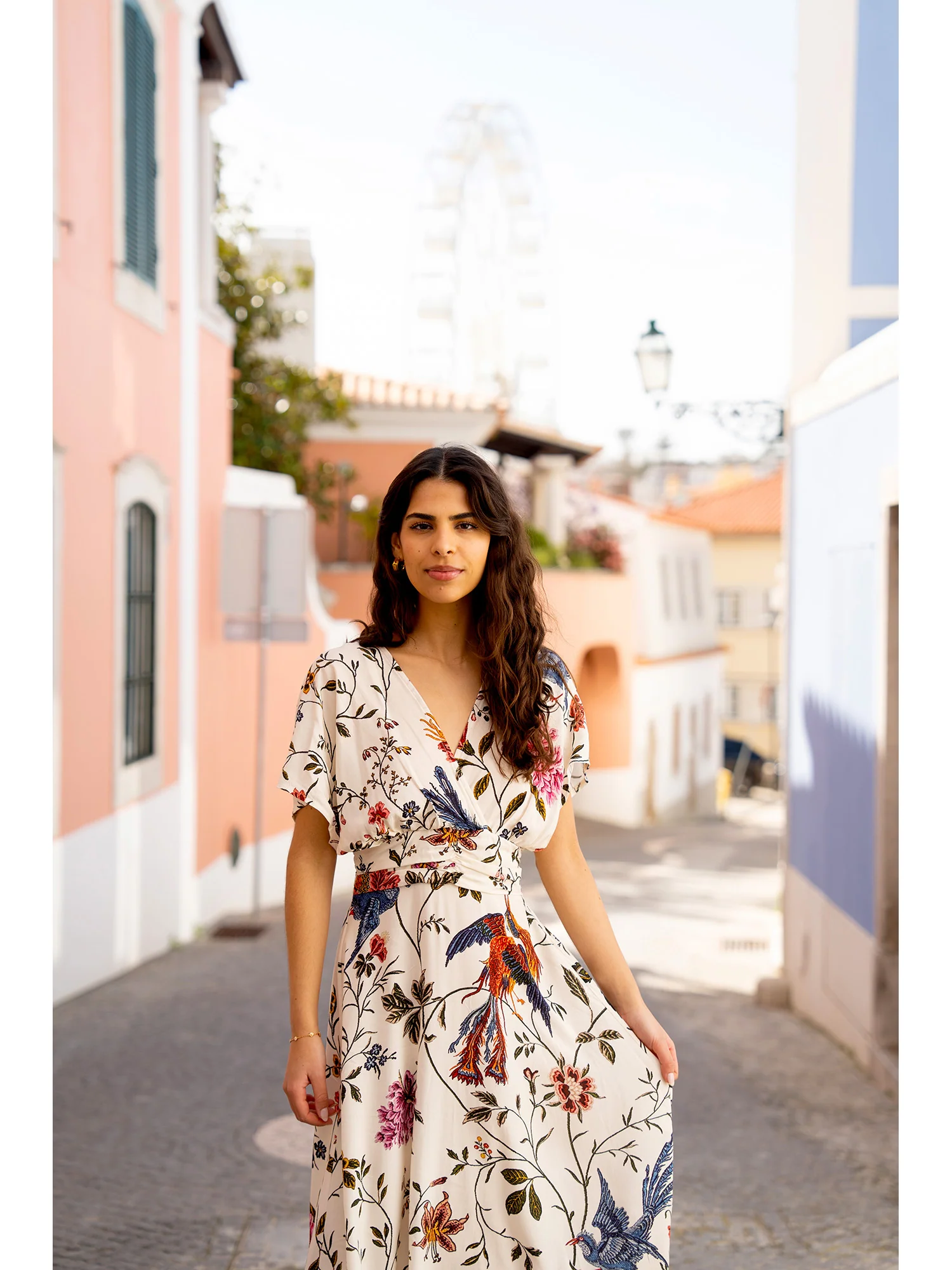 Yumi Ivory Bird and Floral Print Ruched Waist Kimono Midi Dress - Image 5