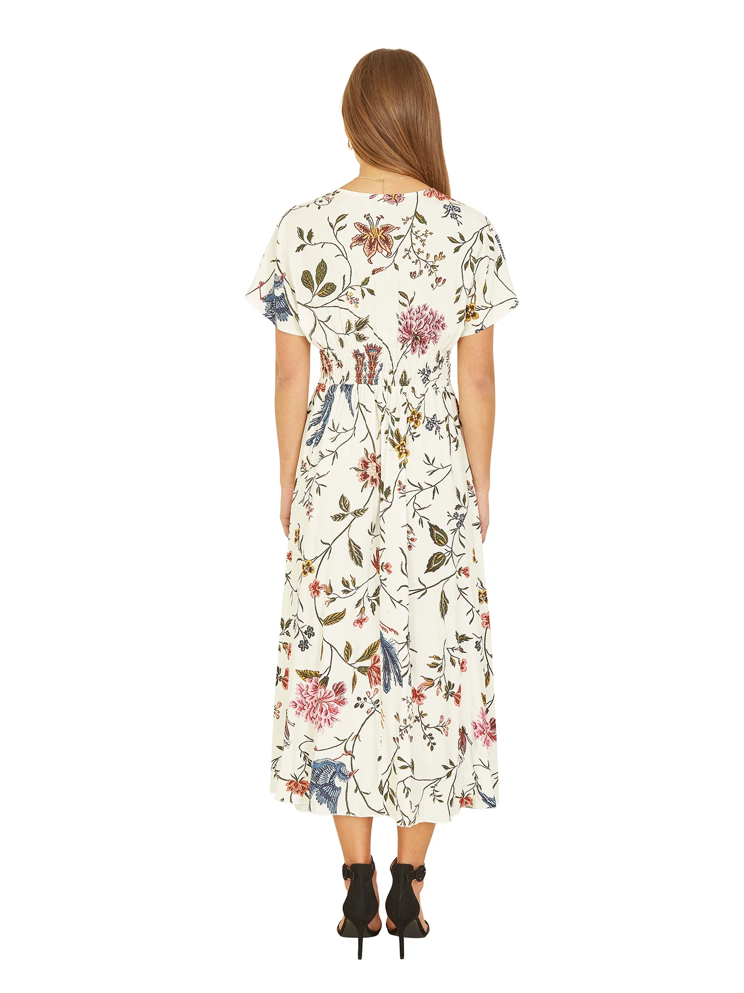Yumi Ivory Bird and Floral Print Ruched Waist Kimono Midi Dress - Image 7