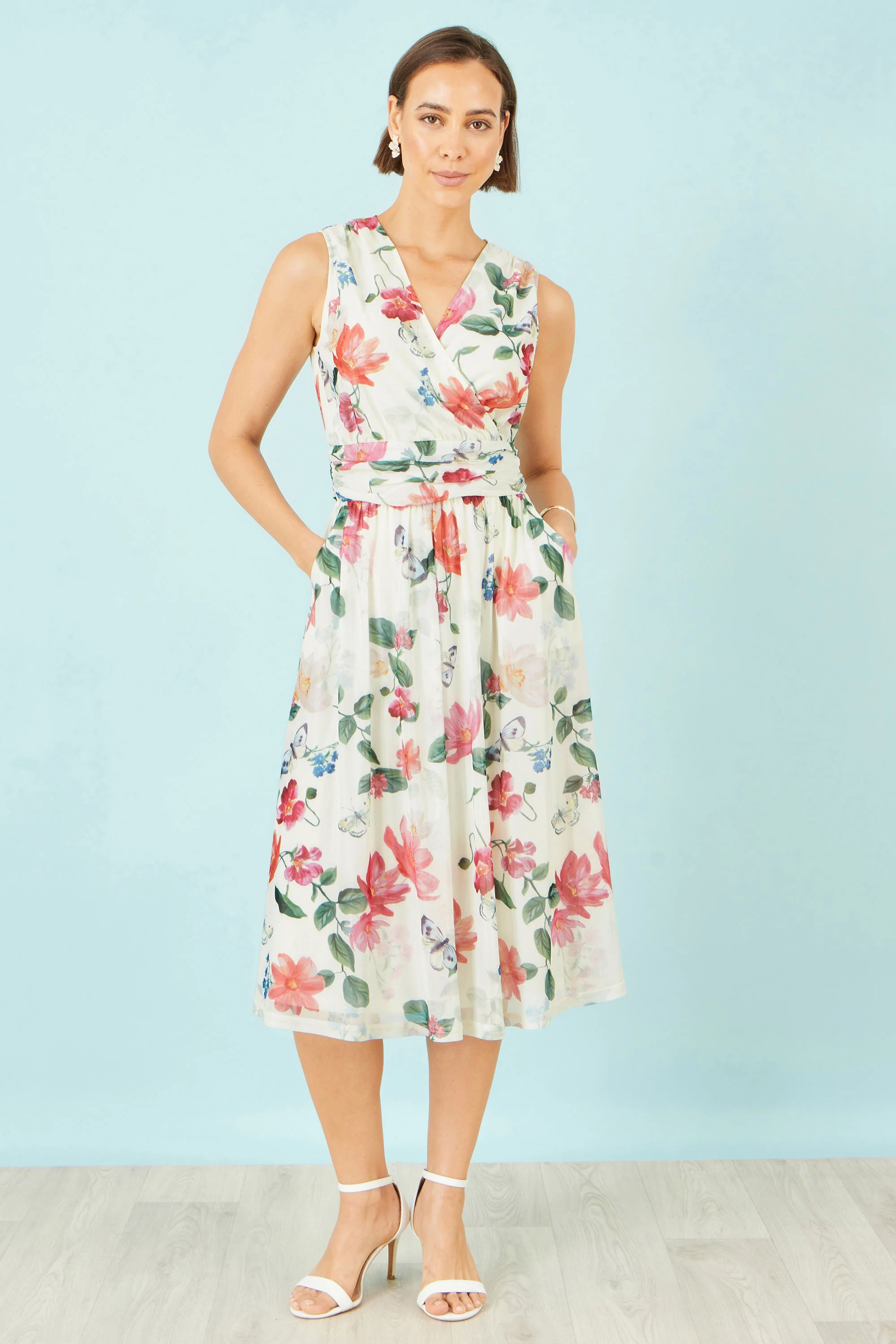 Yumi Ivory Blurred Floral Print Mesh Stretch Midi Dress With Pockets - Image 7