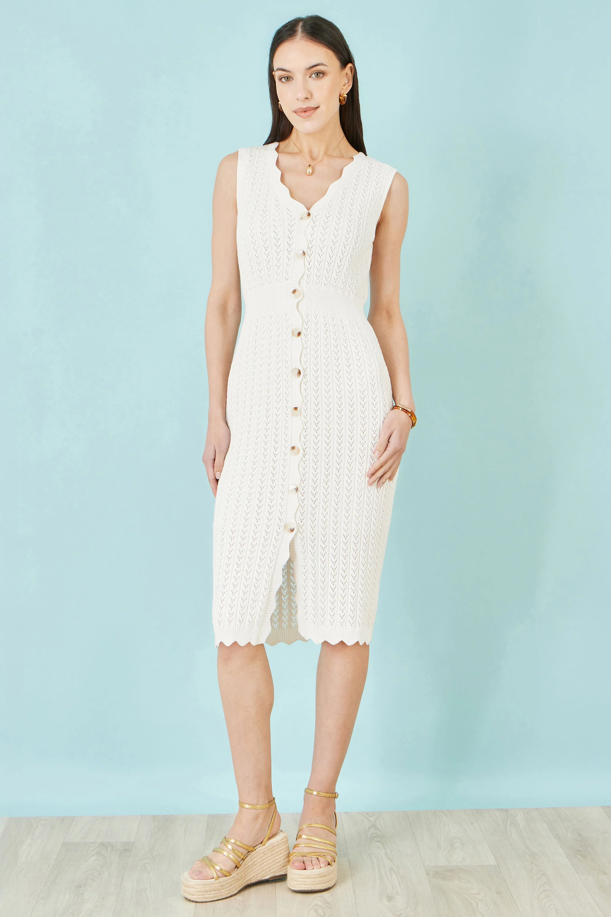 Yumi Ivory Cotton Scallop Crochet Knitted Dress - Image 3