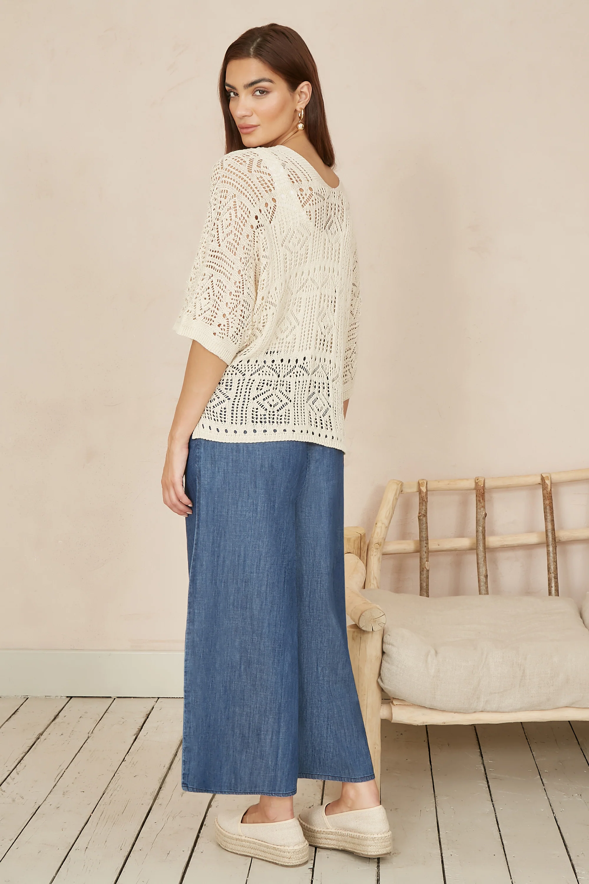 Yumi Ivory Crochet Edge To Edge 3/4 Sleeve Cardigan - Image 3