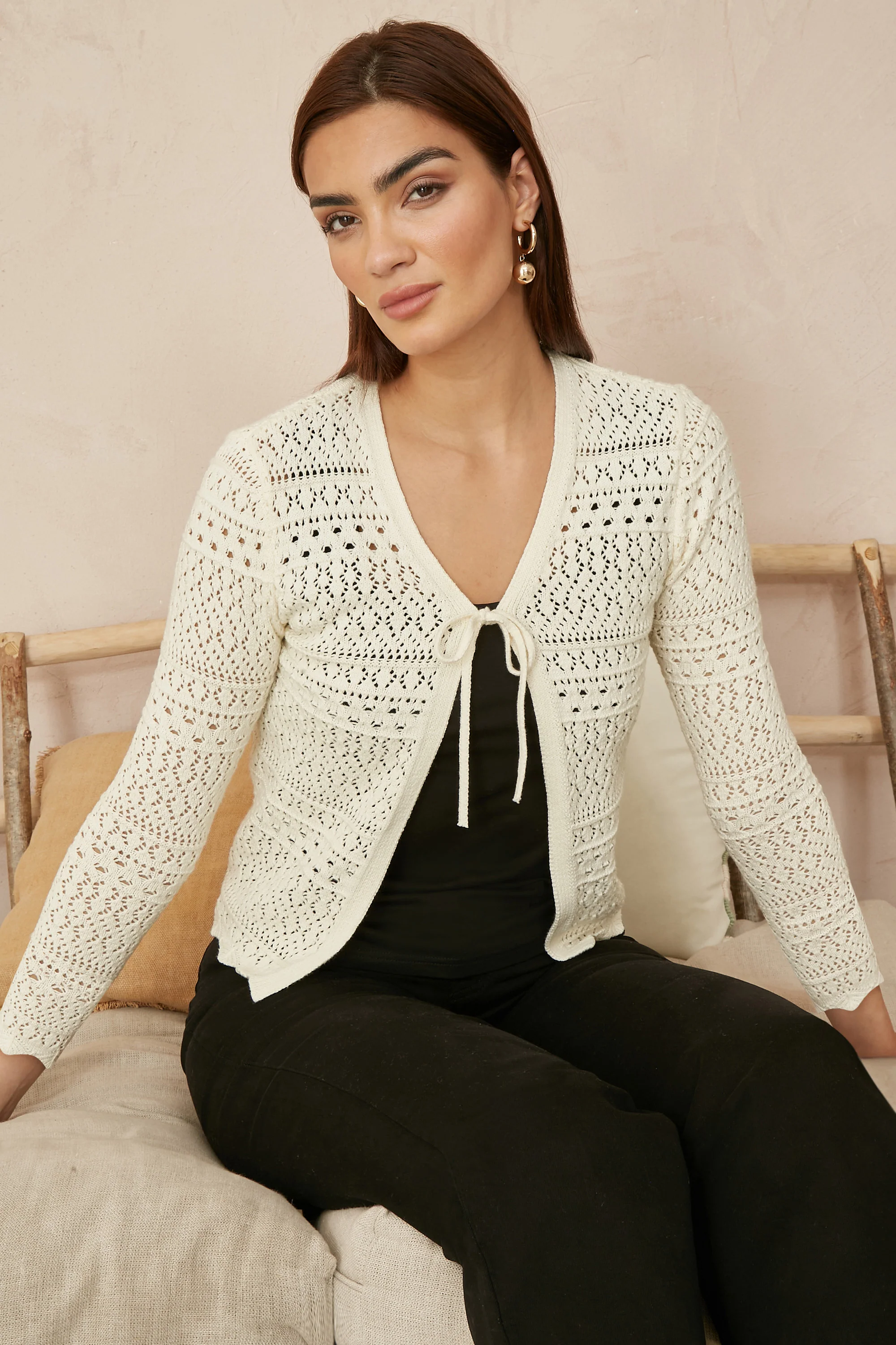 Yumi Ivory Crochet Tie Front Cardigan - Image 5