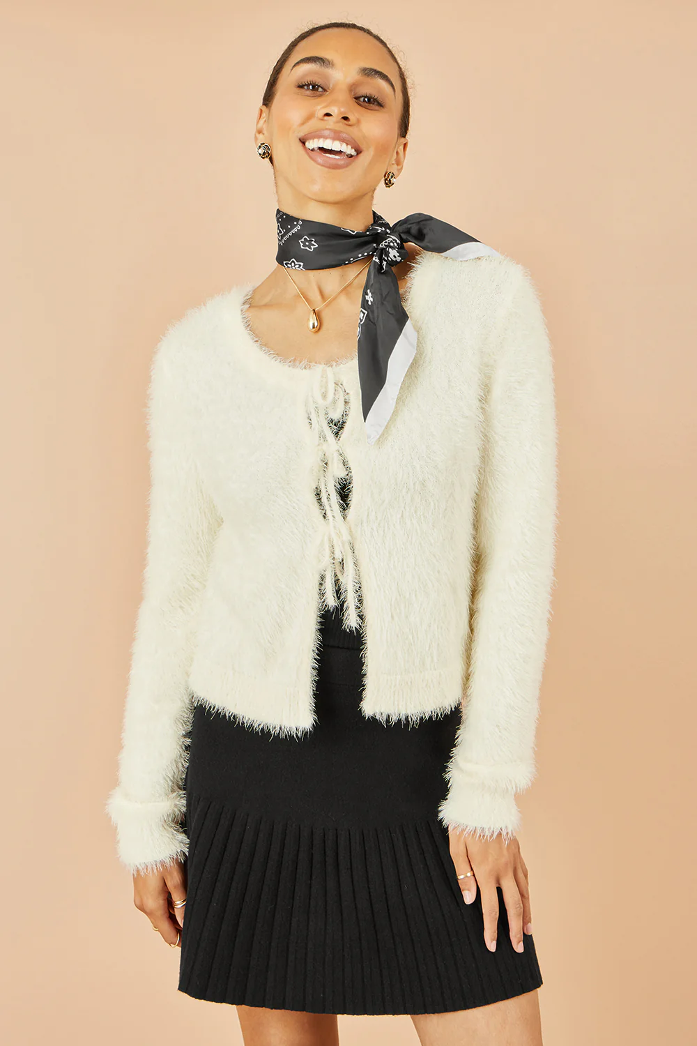 Yumi Ivory Eyelash Fluffy Knit Bolero With Tie Front - Image 2