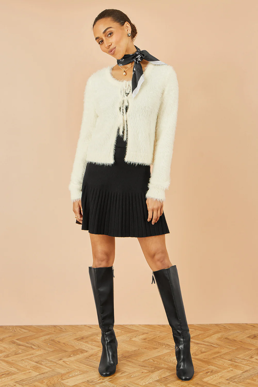 Yumi Ivory Eyelash Fluffy Knit Bolero With Tie Front - Image 3