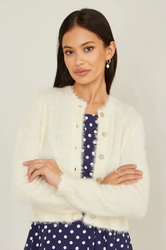 Yumi Ivory Eyelash Knit Cropped Cardigan - Image 2