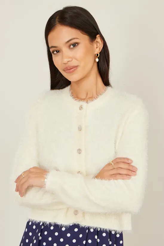 Yumi Ivory Eyelash Knit Cropped Cardigan - Image 3