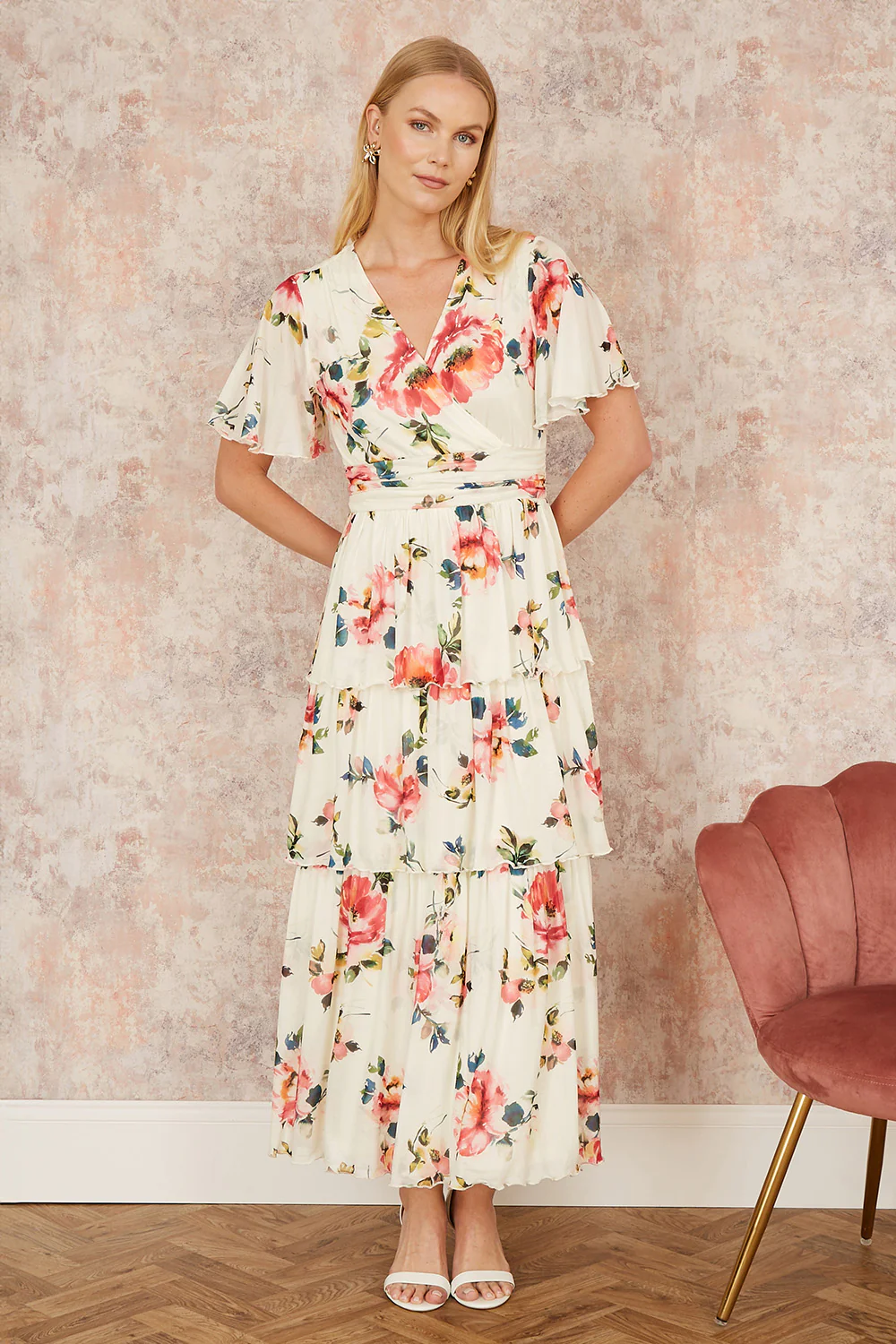 Yumi Ivory Floral Mesh Tiered Maxi Dress - Image 3