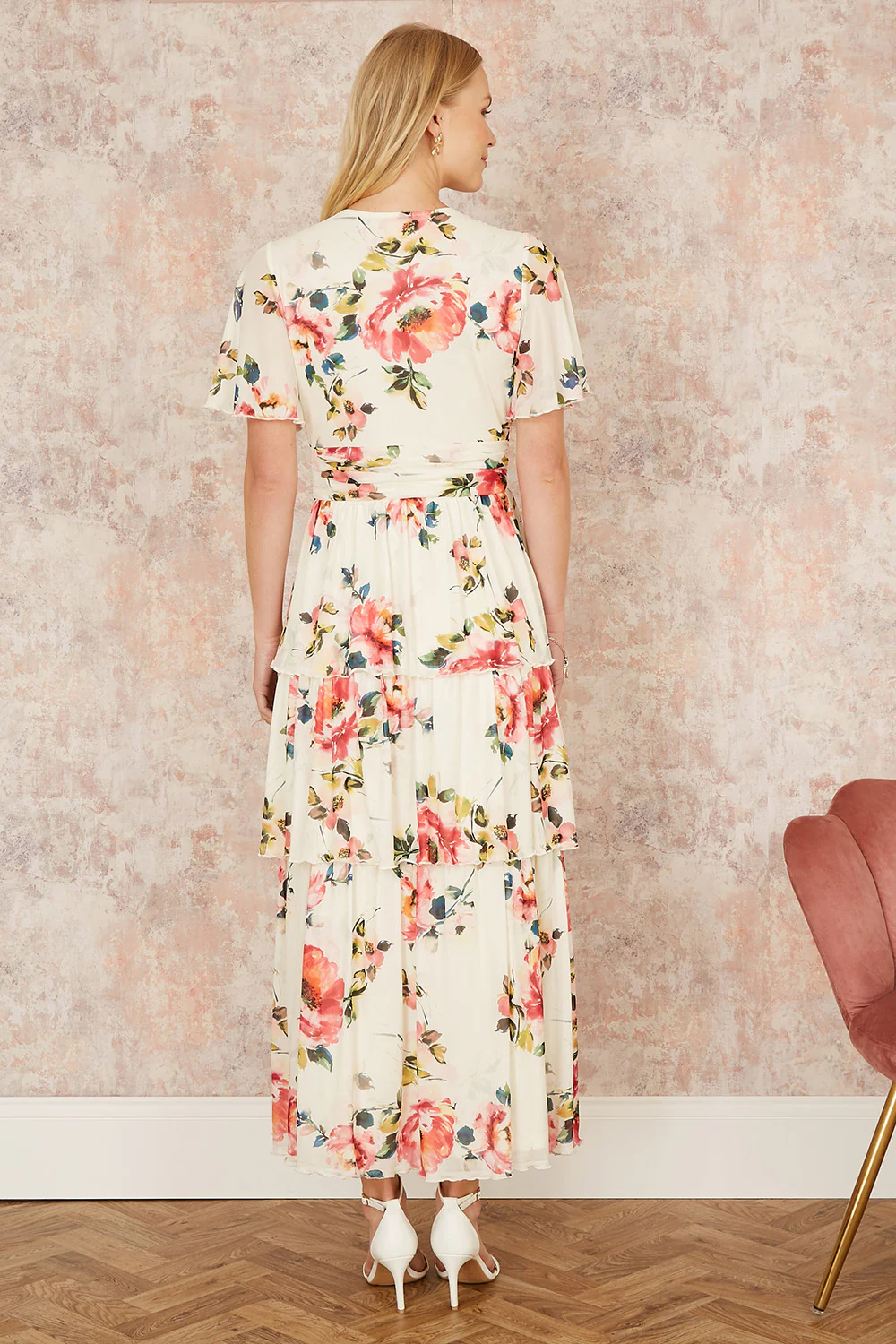 Yumi Ivory Floral Mesh Tiered Maxi Dress - Image 4