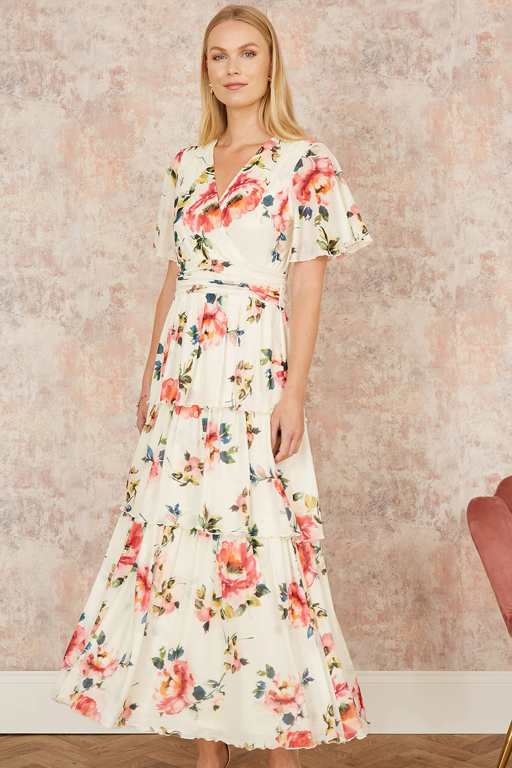 Yumi Ivory Floral Mesh Tiered Maxi Dress - Image 5