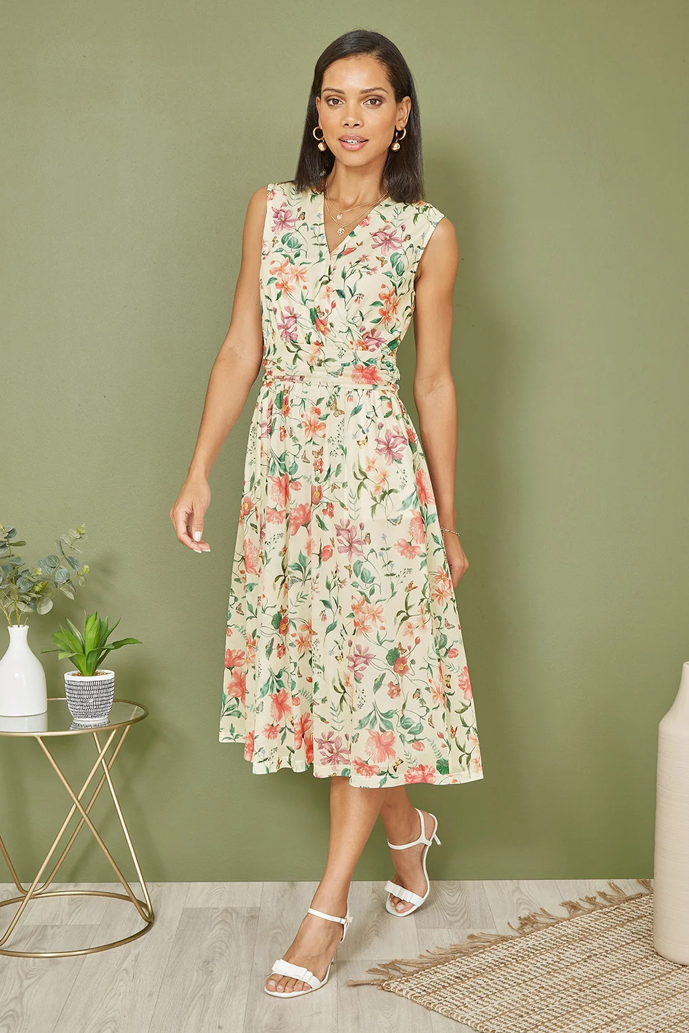 Yumi Ivory Floral Print Mesh Stretch Midi Dress With Pockets - Image 3