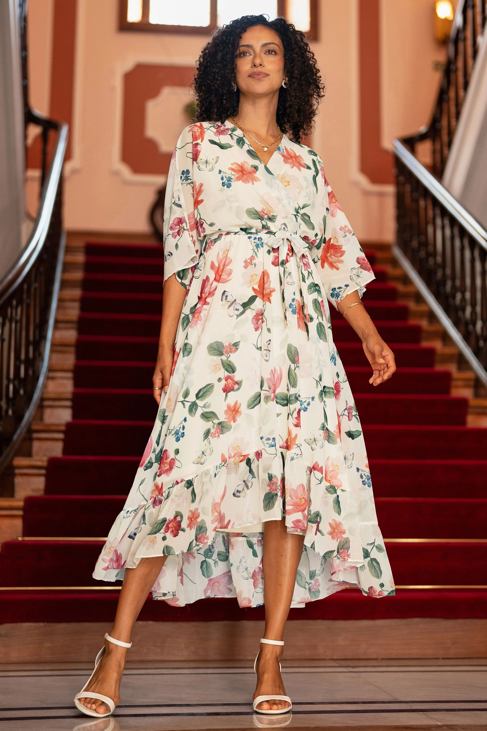 Yumi Ivory Floral Print Wrap Midi Dress With Dipped Hem - Image 6