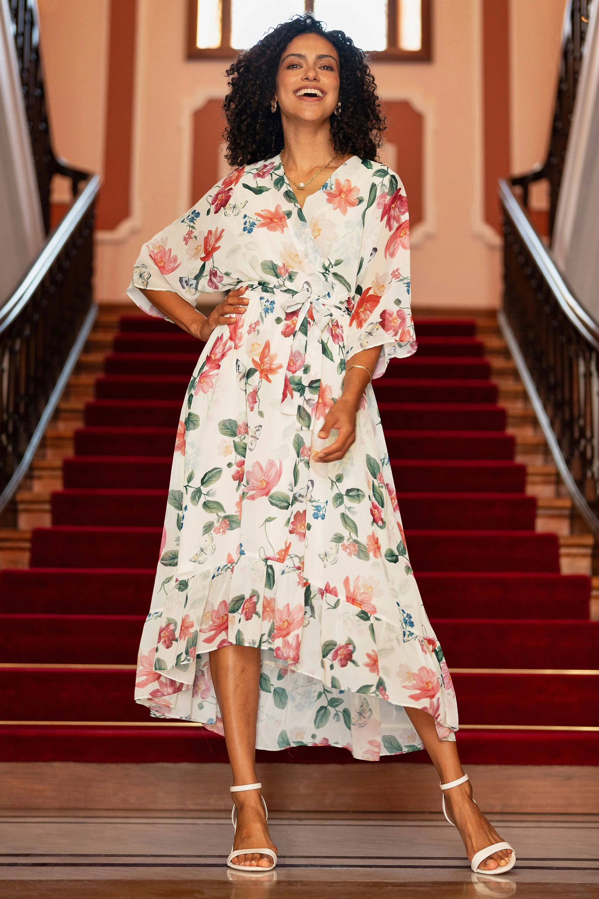 Yumi Ivory Floral Print Wrap Midi Dress With Dipped Hem - Image 8