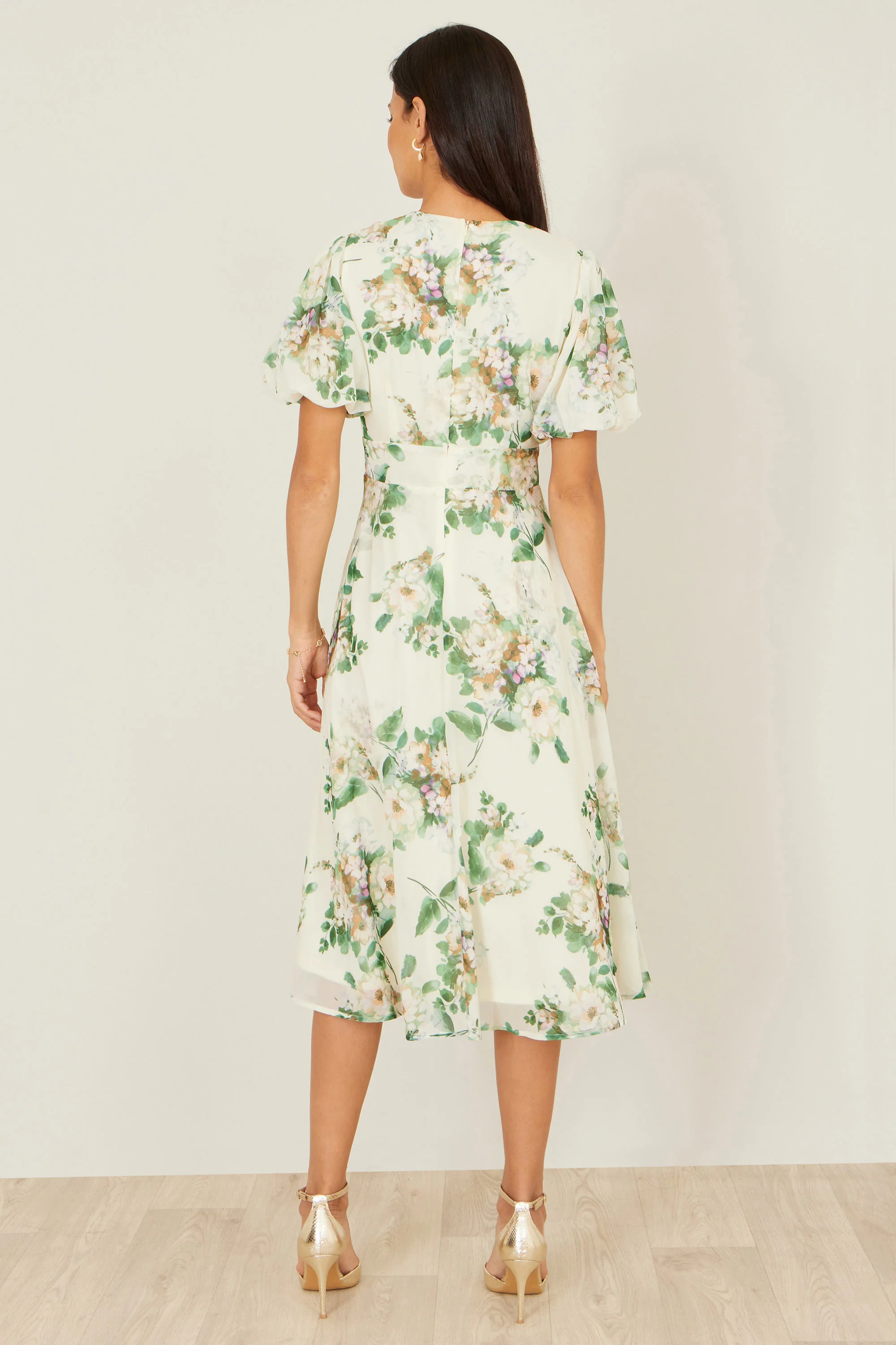 Yumi Ivory Floral Tea Dress With Front Ties - Image 4