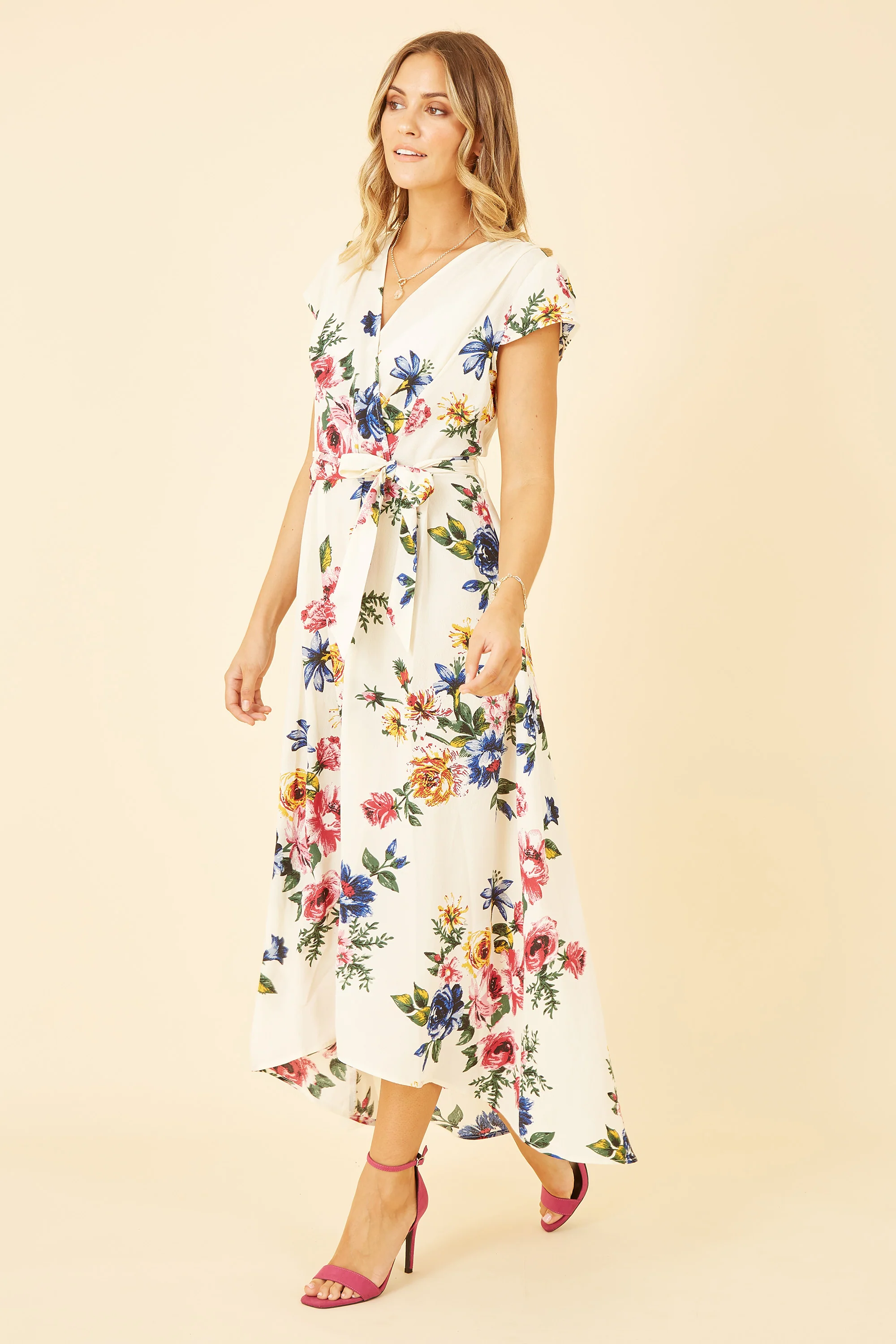 Yumi Ivory Floral Wrap Dip Hem Dress - Image 4