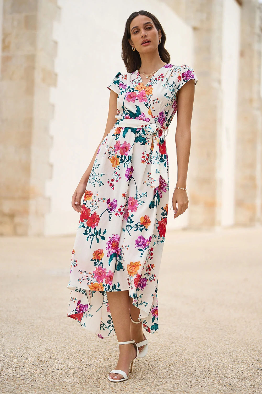 Yumi Ivory Flower Print Wrap Midi Dress - Image 4