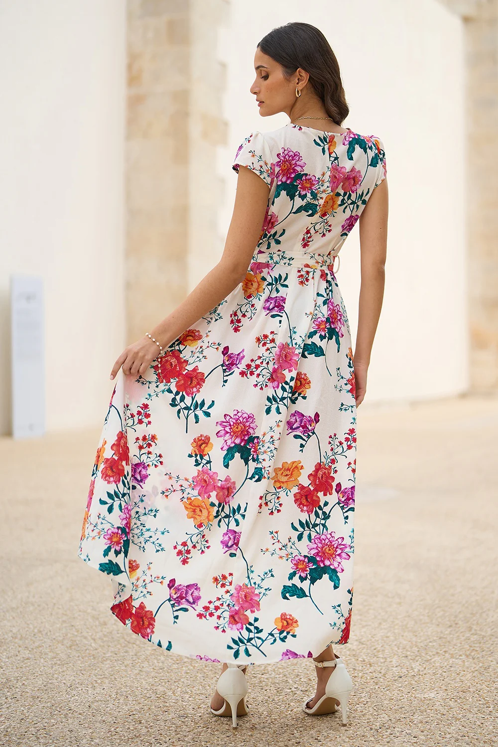 Yumi Ivory Flower Print Wrap Midi Dress - Image 6
