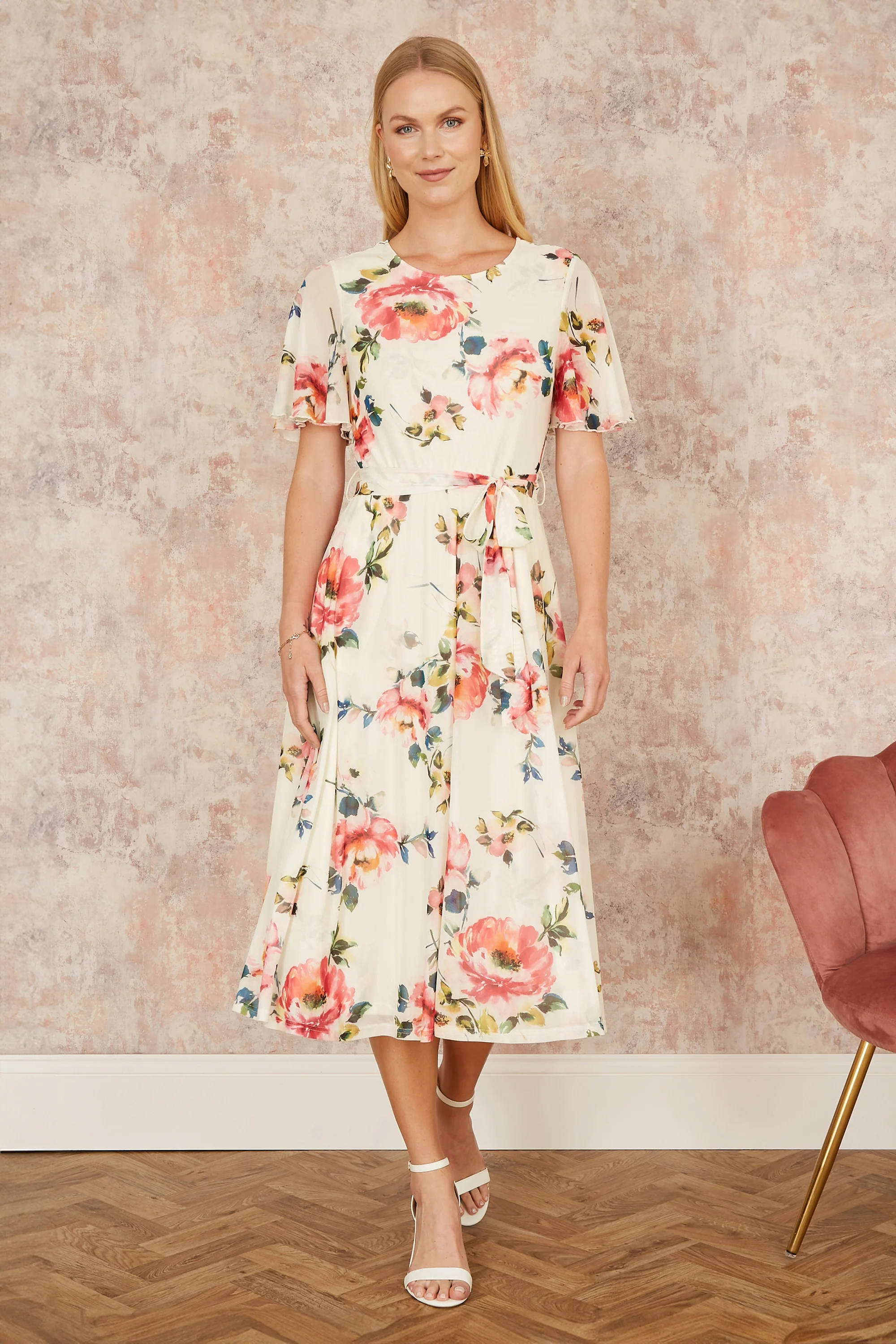 Yumi Ivory Mesh Floral Print Midi Dress With Angel Sleeves - Image 3