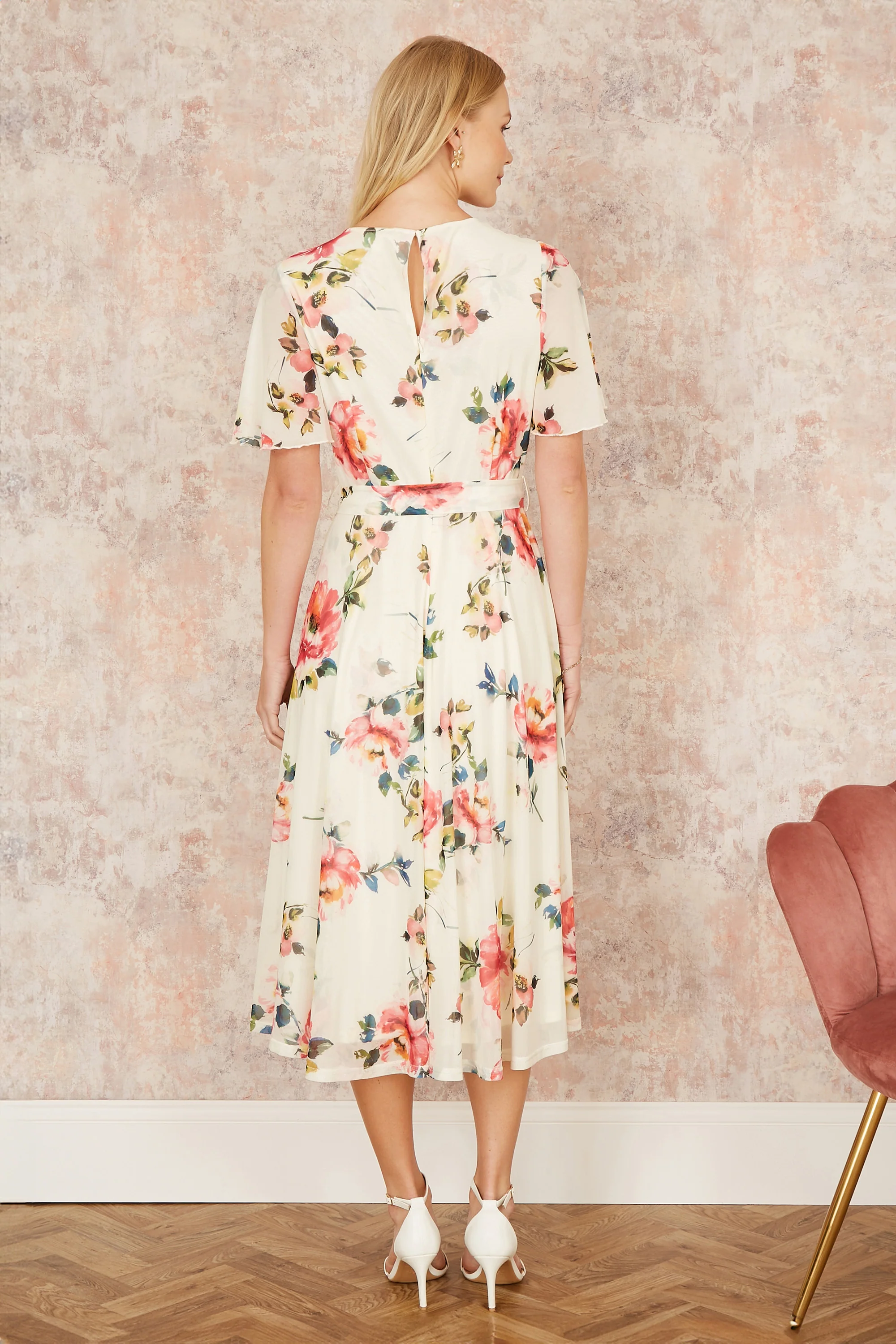 Yumi Ivory Mesh Floral Print Midi Dress With Angel Sleeves - Image 4