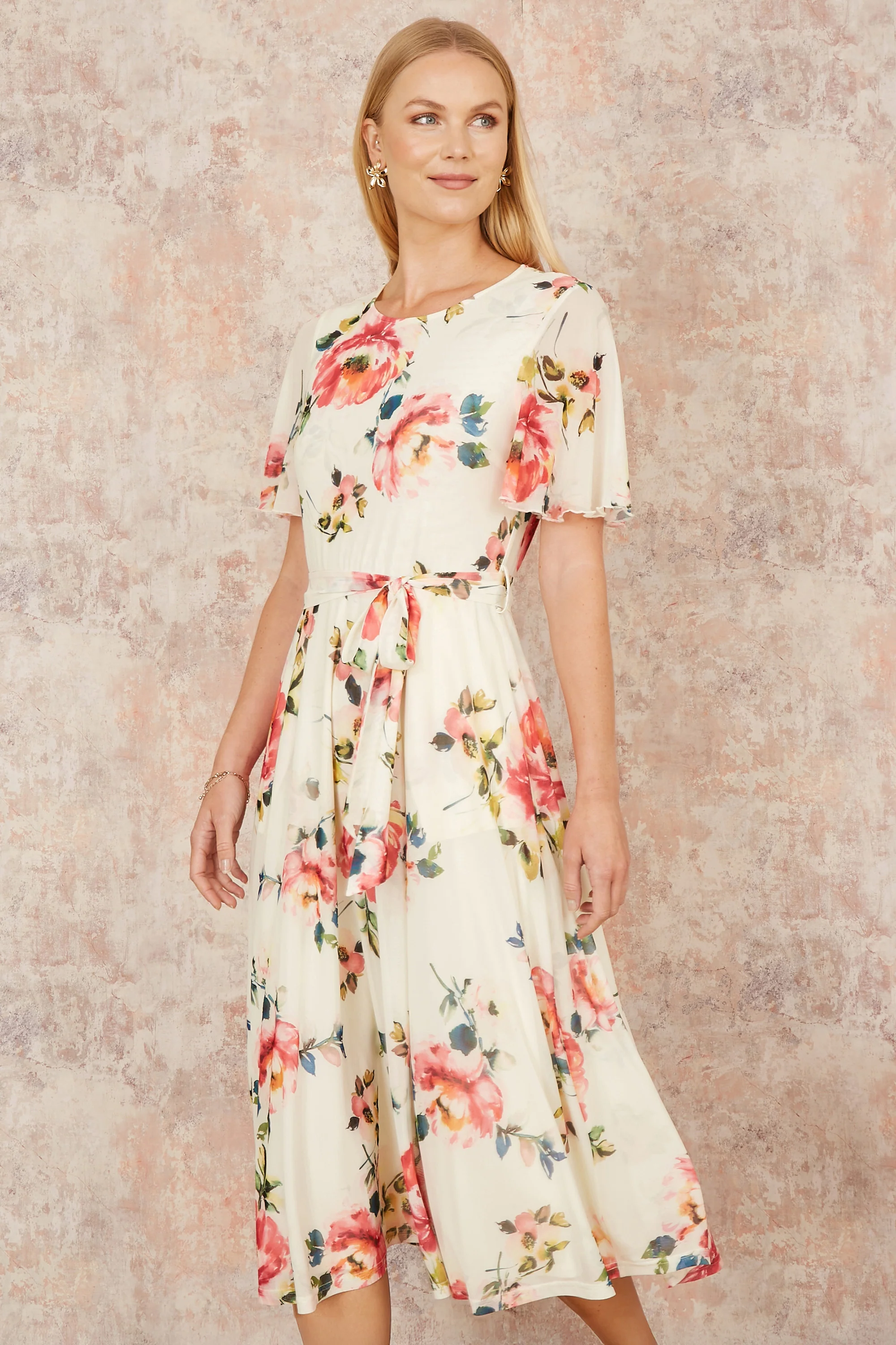 Yumi Ivory Mesh Floral Print Midi Dress With Angel Sleeves - Image 5